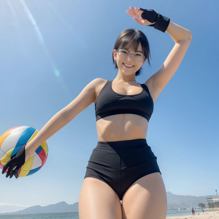 Coastal, Dazzling sunlight, 1 busty girl, short ponytail hair, shorter pants, sea beach, holding a beach ball, Armpits, Black shorts, Crop top, ssmile, Drill ponytail, put glasses on head, Fingerless gloves, looking at viewert, arms stretched wide, Silver Wolf \(hunka tower track\), thigh band, Colossal tits