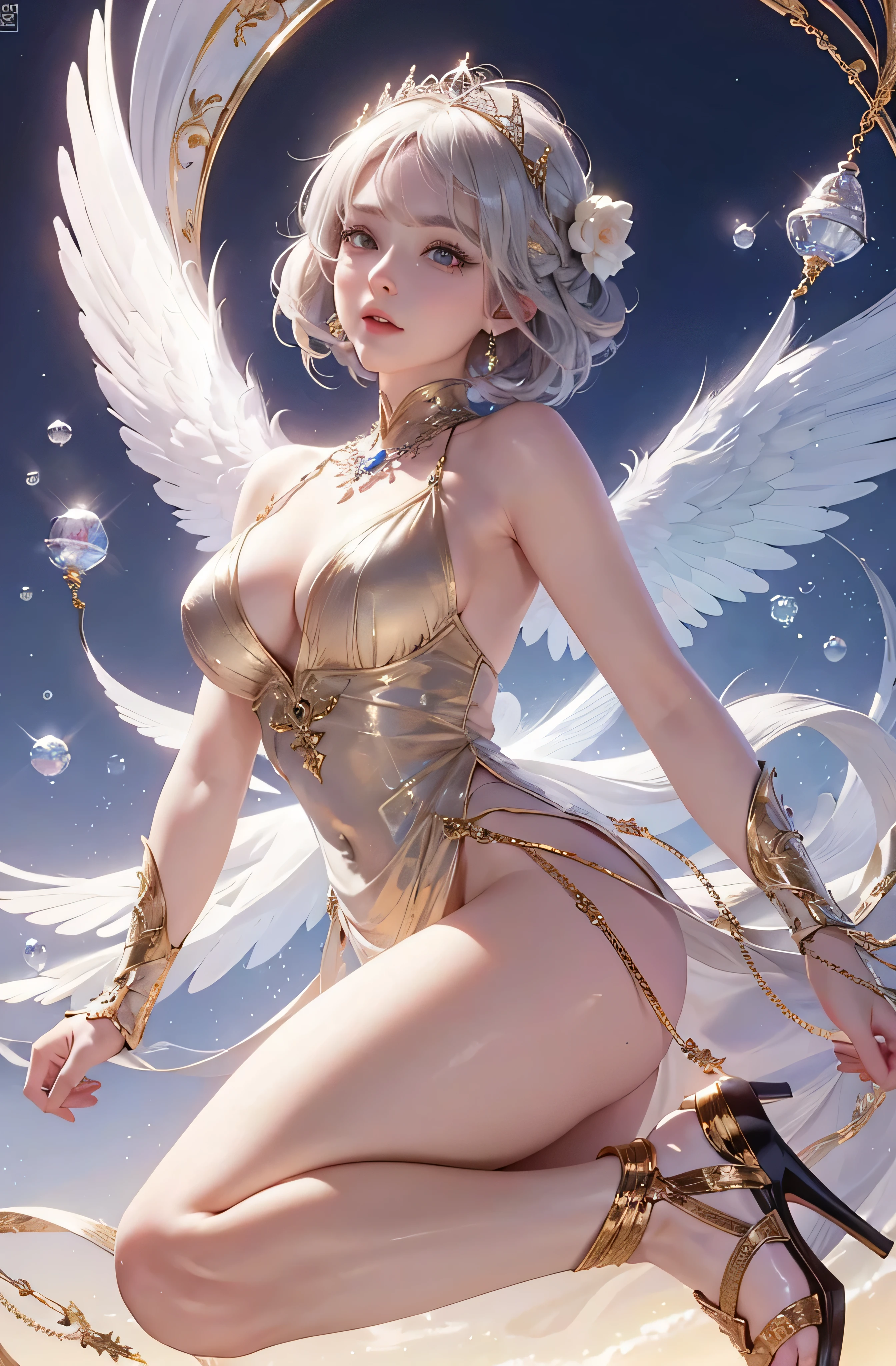 Castle in the distance、The face is front、Looking at the camera、profile、8K、realphoto、超A high resolution, Master Parts, Best Quality, nffsw , cinematic images,Lovely girl、ann、16 only、annグロサクソン、二重まぶた、drooing eyes、Very big eyes、Eyes purple、Dark eye shadow、The lips are very thin、The tip of the nose stretches beautifully...............................、small nostrils,,,,, ighly detailed , Silver hair、Straight short hair、ssmile、 Sweet look 、a very beautiful woman、legs are long、、Very clear shadows , jewely , A detailed eye, very intricate, shiny skins , パーフェクトブリリannト, Perfect Lighting, Dramatic shadows、White tiara on head、Gold necklace around the neck、White aristocratic dress with gold embroidery、Glass High Heels、Angel White Wings
