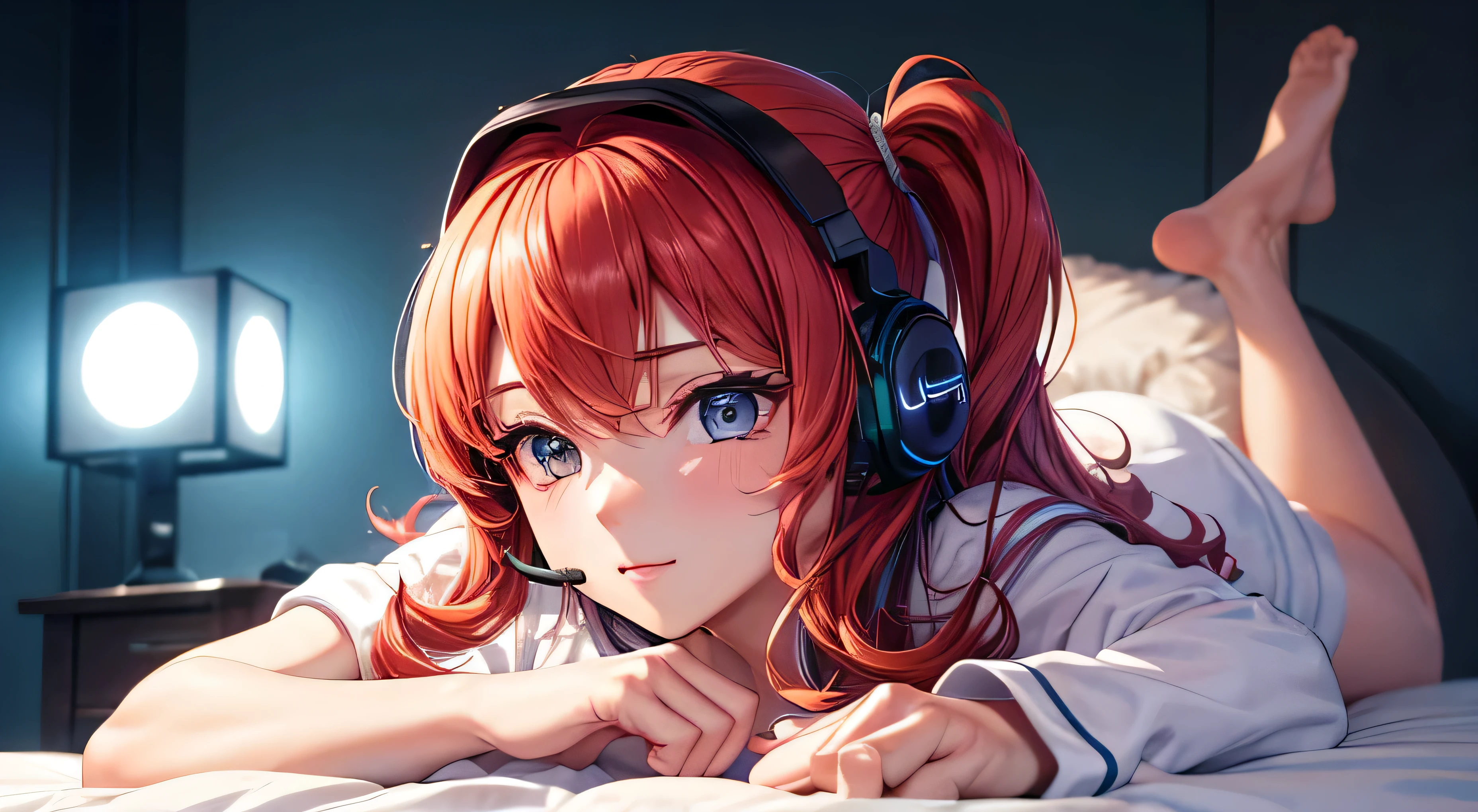 (master part), melhor qualidade, (((ultra detalhado, Qualidade 8k))), vestindo onsie de frango fofo, com headset, deitada na cama, listening to music, ruiva, good position, linda garota
