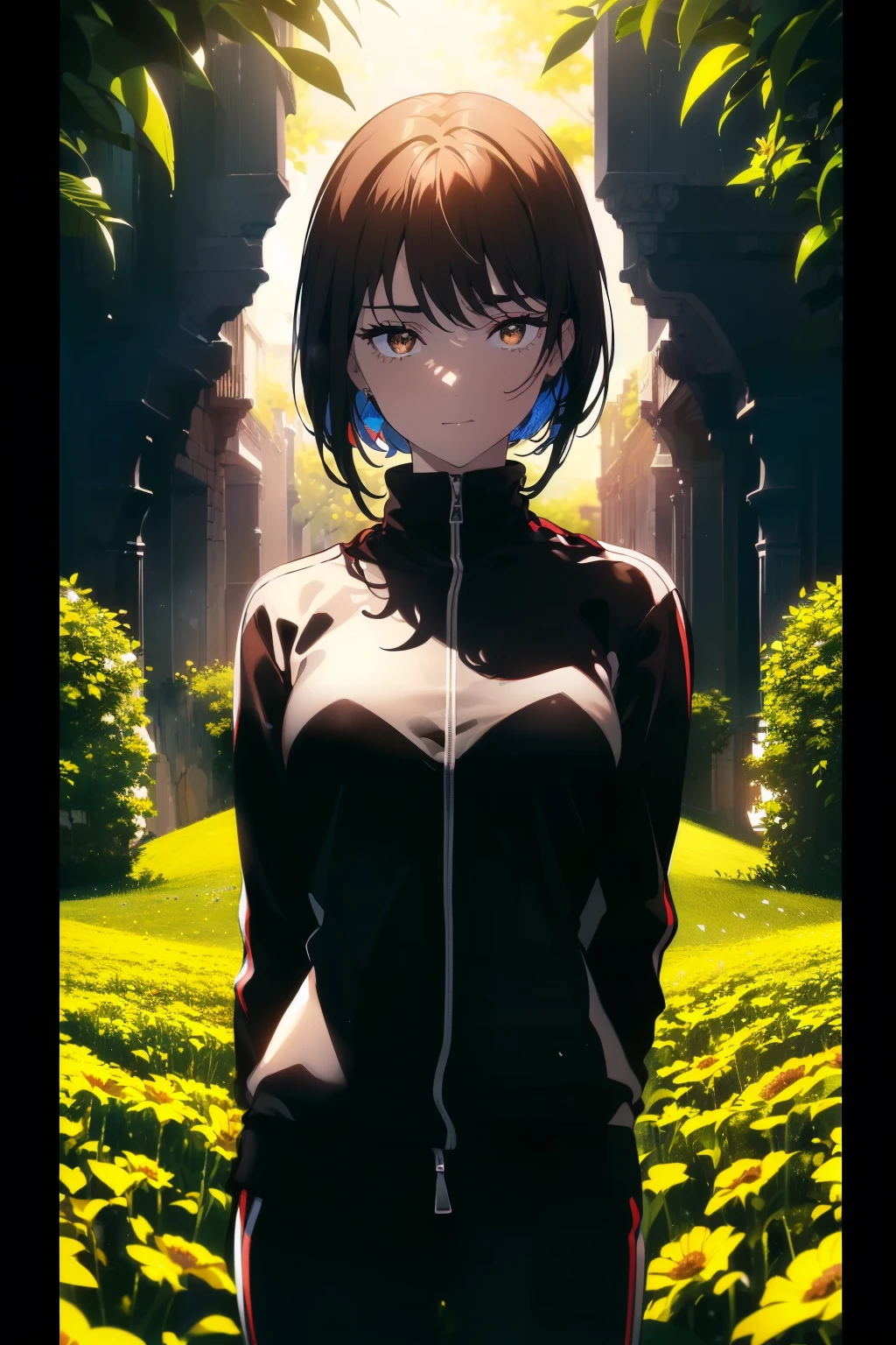 ((((Obra maestra, La mejor calidad, ultrahigh resolution)))), beautiful girl, standing, (((wearing a black tracksuit))), (short hair in view, in frame), pale skin, ((brown eyes)), (ultra detailed eyes:0.7, beautiful and detailed face, detailed eyes:0.9), ((centered)), smile, ((wide shot)), facing viewer, (((vibrant background of outdoors, field of flowers, bright lighting, summer, sunlight))), flat chested, looking at viewer, ((perfect hands)), ((head:1, hips, elbows, arms, in view)), ((hands behind back)), beautiful lighting, defined subject, (18 years old), ((cool looking)), ((sunny glare))