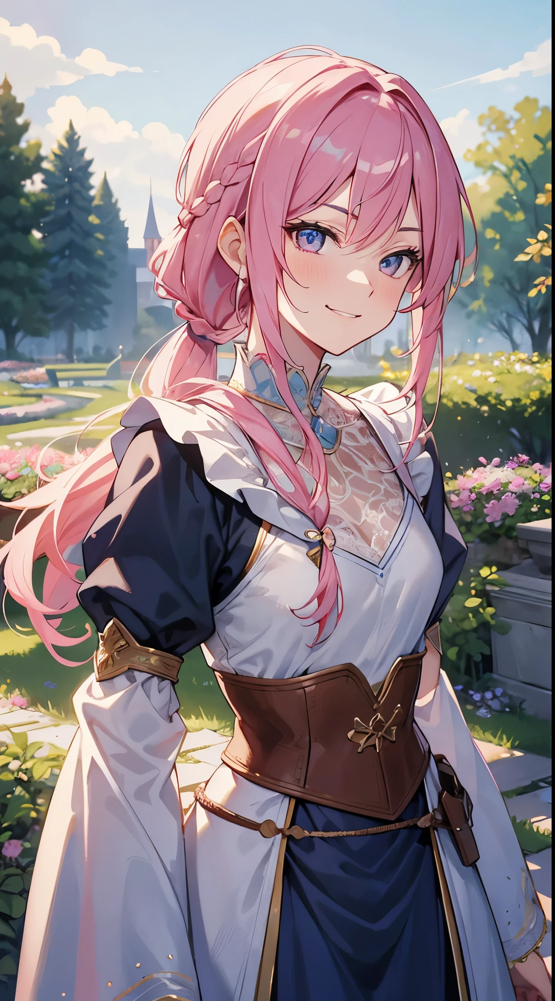[[[ultra-detailed, best quality, soft skin, beautiful, 4K]]] portrait, close-up, pink hair, straight hair, lace braid ponytail, medium hair, sapphire eyes, slim body, gardens background, medieval princess outfit, hairpin, smirking, standing up