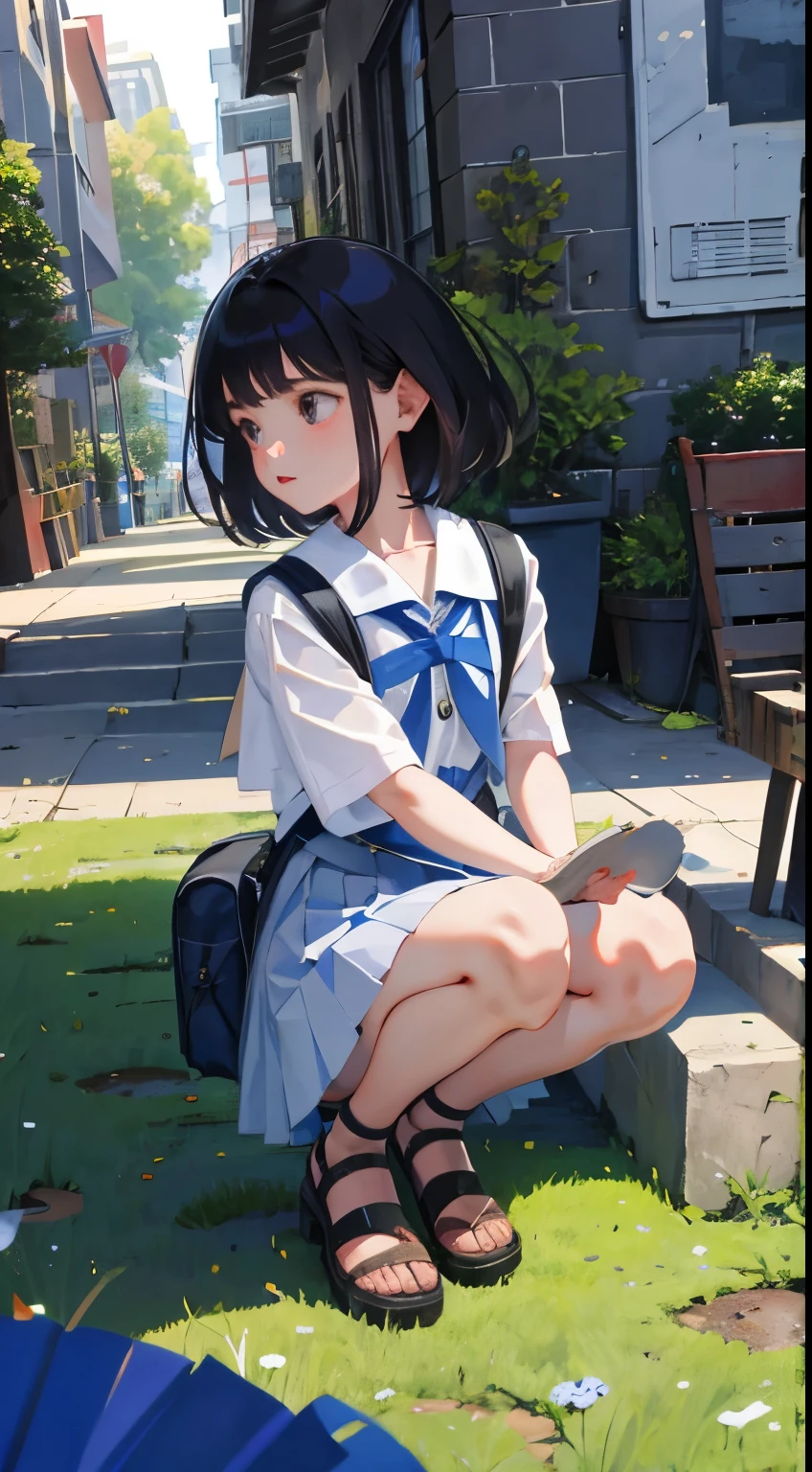 crouching down,(),(masterpiece,Highest Quality),Light Grape Pleated Mini Skirt,White rucksack,shortsleeves,A dark-haired,Summer Classroom,The wind is blowing,by lake