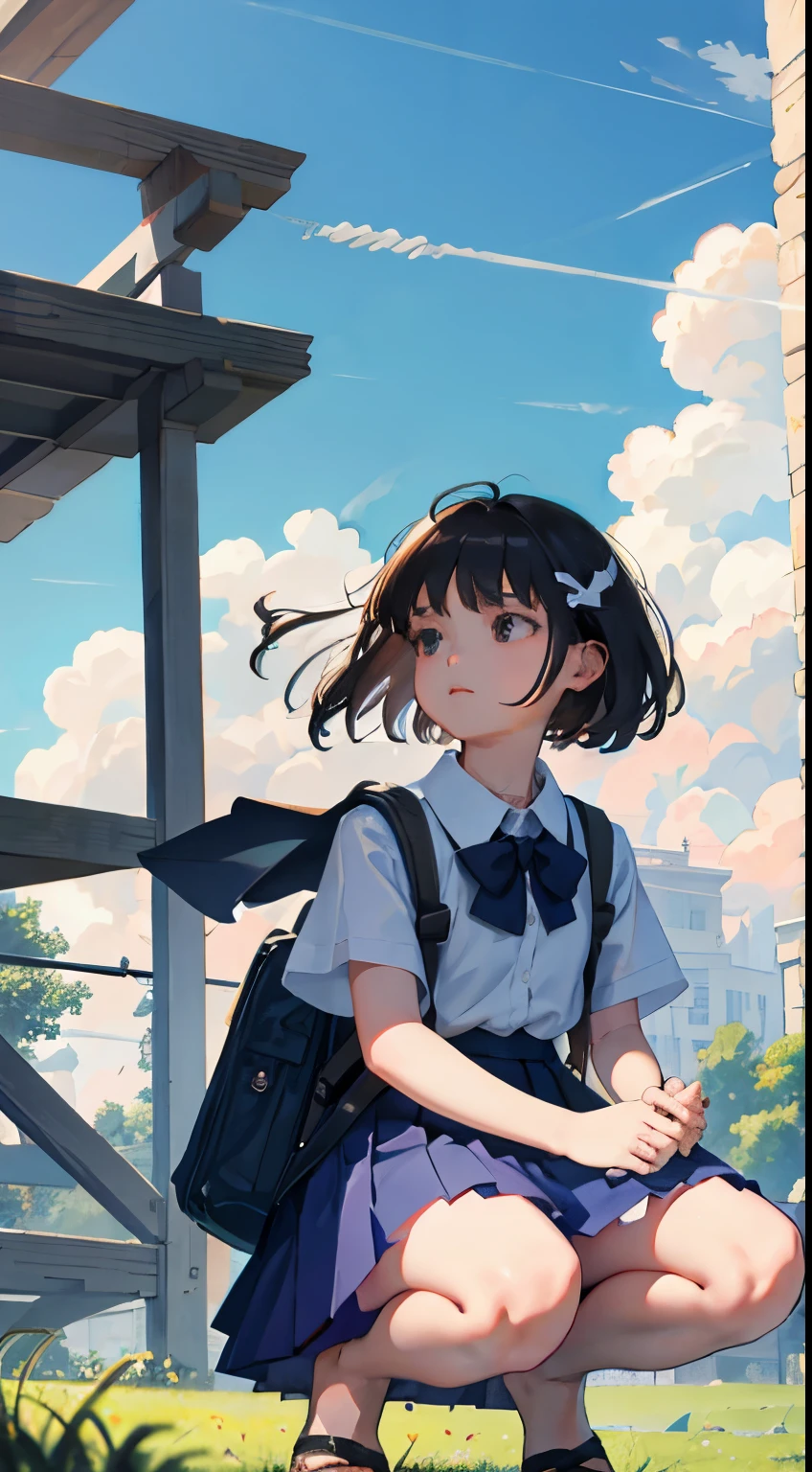 crouching down,(),(masterpiece,Highest Quality),Light Grape Pleated Mini Skirt,White rucksack,shortsleeves,A dark-haired,Summer Classroom,The wind is blowing,by lake