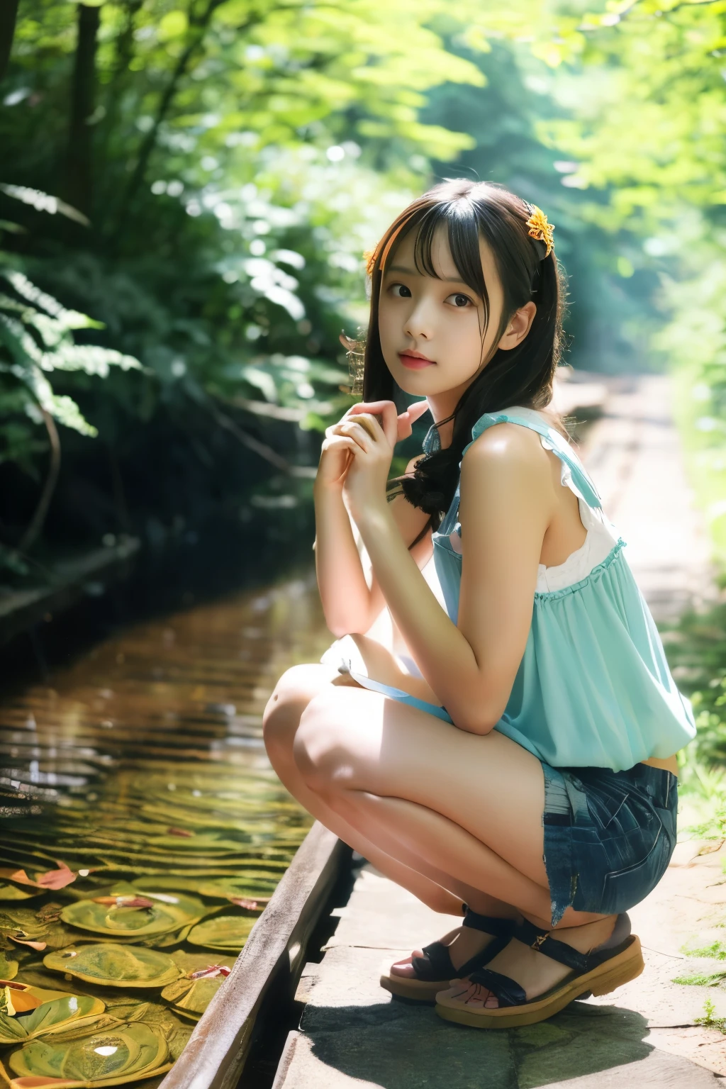 Perfect Beautiful Girl、Full Beautiful Girl、masterpiece、16K resolution、pure、gravure、high-level image quality、hightquality、Summer brook,mentally suffocating、shizuku、Beautiful limbs、Tree leakage day、artistic、