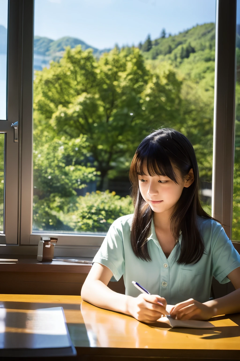 "A Japanese teenage girl studying at a desk in the library. She is by the window, and outside, the landscape is sunny with visible trees.