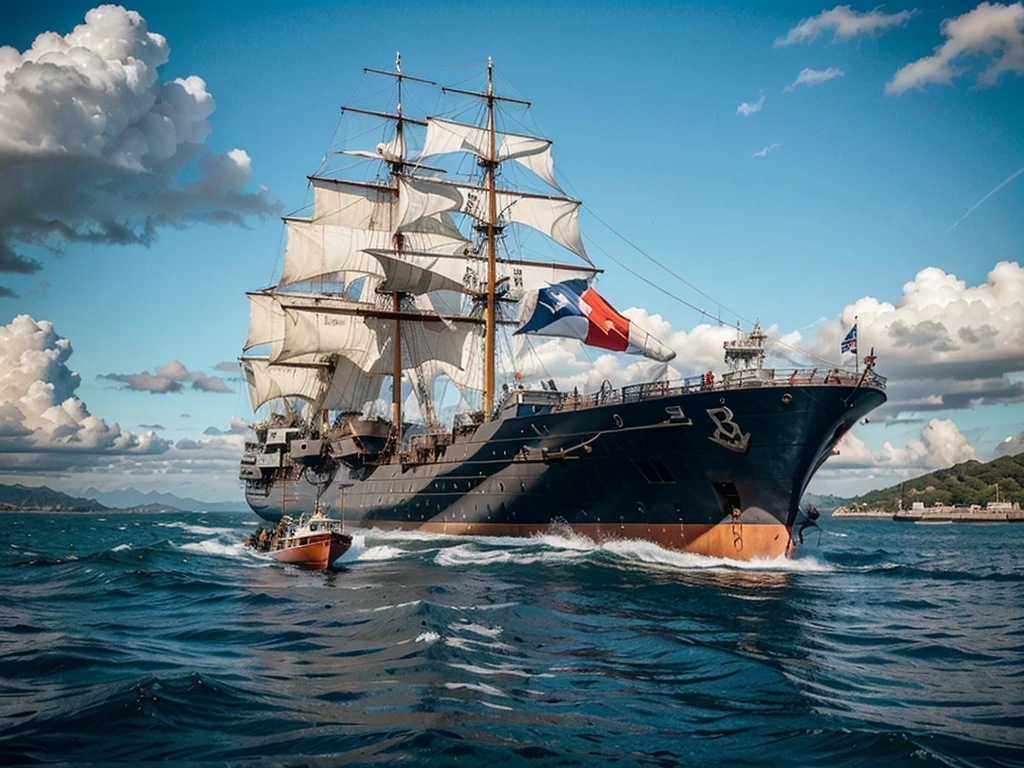 The pirate ship is a masterpiece of naval engineering, the size of a modern battleship. It is made of thick wooden planks, que exibem as marcas do tempo e das batalhas. The golden edges that adorn its entire structure are a sign of wealth and power. The ship has hundreds of blue metal cannons, que se projetam pelas janelas e pelos lados do navio. They shine in the sun and threaten any vessel that approaches.. A bandeira vermelha e branca tremula no mastro principal, bearing the pirate symbol: uma caveira com dois ossos cruzados. The ship is magnificent and imposing, capaz de navegar pelos sete mares e enfrentar qualquer desafio.