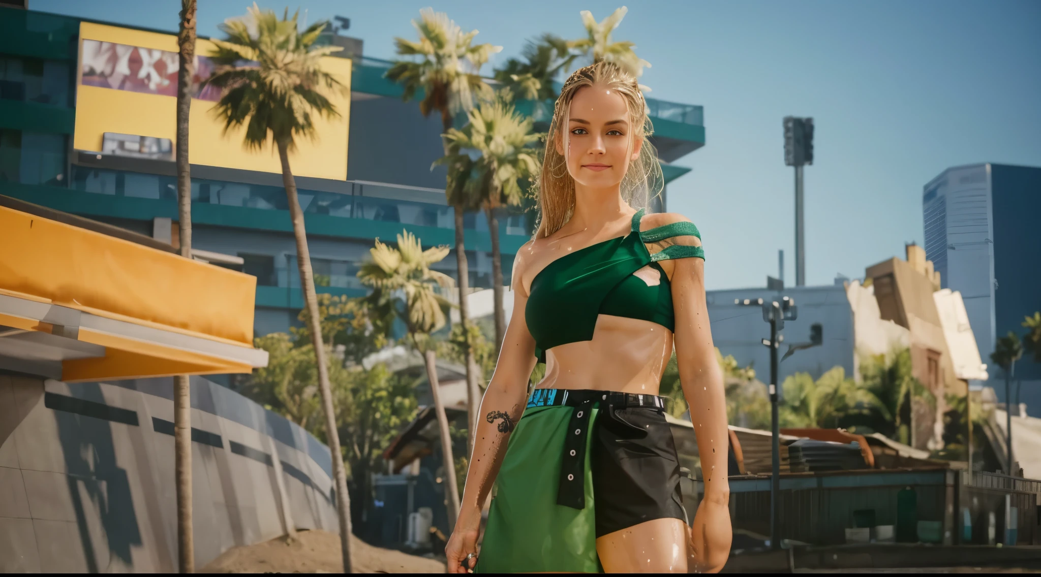 Blonde hair,cute,(((Sweaty))),((blue eyes)),deep navel,hot,big cleavages,short smiling
