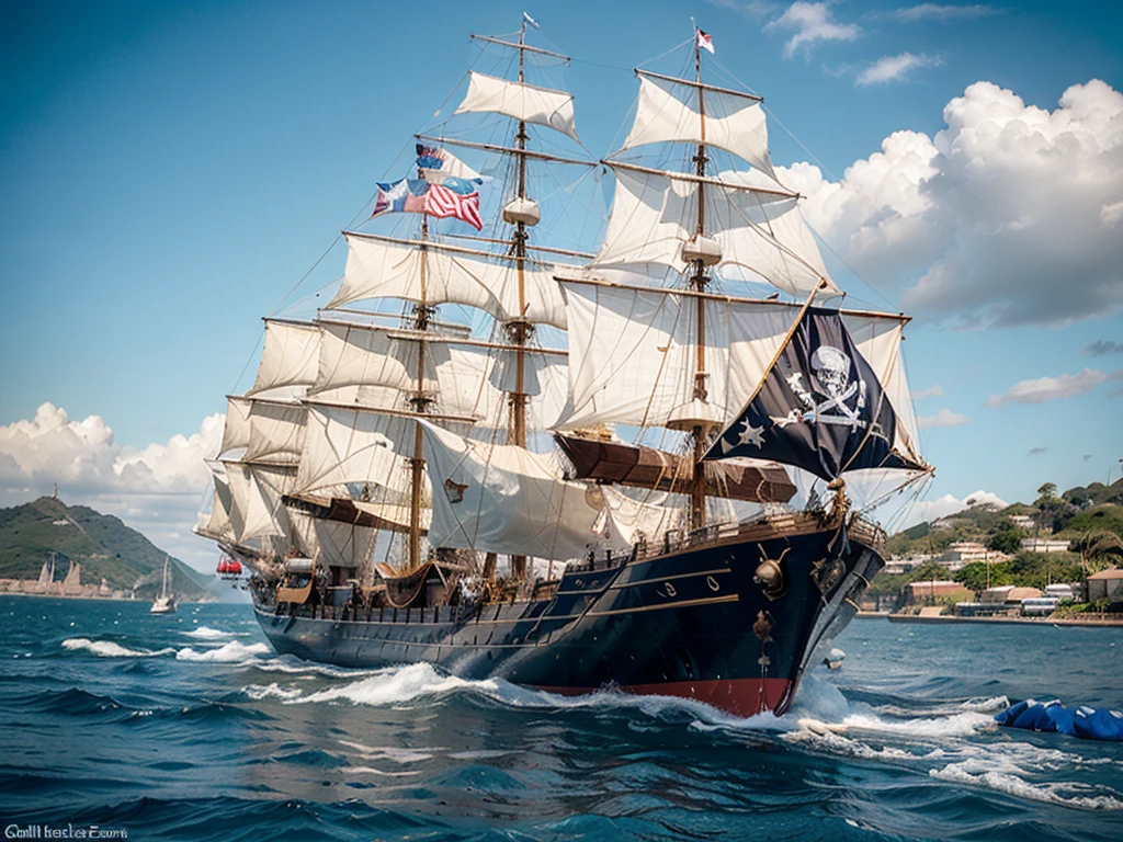 The pirate ship is a masterpiece of naval engineering, the size of a galleon. It is made of thick wooden planks, que exibem as marcas do tempo e das batalhas. The golden edges that adorn its entire structure are a sign of wealth and power. The ship has hundreds of blue metal cannons, que se projetam pelas janelas e pelos lados do navio. They shine in the sun and threaten any vessel that approaches.. A bandeira vermelha e branca tremula no mastro principal, bearing the pirate symbol: uma caveira com dois ossos cruzados. The ship is magnificent and imposing, capaz de navegar pelos sete mares e enfrentar qualquer desafio.