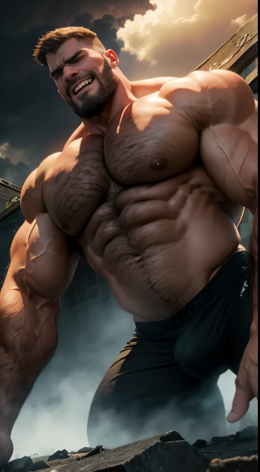 (high quality,ultra-detailed,realistic:1.37),gigantic muscular man,larger than planet Earth,fiery red hair,with beard,evil,malevolent,laughing loudly,night scene,dramatic lighting,ominous atmosphere,destructive power,dark background,glowing red eyes,evil grin,fiery aura,menacing presence,enormous physique,strong and powerful,evil laughter,evil expression,evil intentions,demonic appearance,dark clouds,intense shadows,stormy sky,gloomy atmosphere,devilish,terrifying presence,daunting figure,monster,demonic laugh,wicked,shadowy, Giant, absurdly huge bulge, giant growing more and more, giantic, colossal, muscle domination, macrophilia, briefs, stubble, broad shoulders, thick lips, vascular, very sweaty, huge belly, thick thighs, very thick arms, large , smirk, tattoo, thug, blushing, veiny hands, photorealistic, anger, dreadlocks, bearded, looking at viewer, from below, steaming body, sweaty body , steam, on all fours on city, angry, angry expression, evil smile, crush buildings, Destroy city, smash everything.