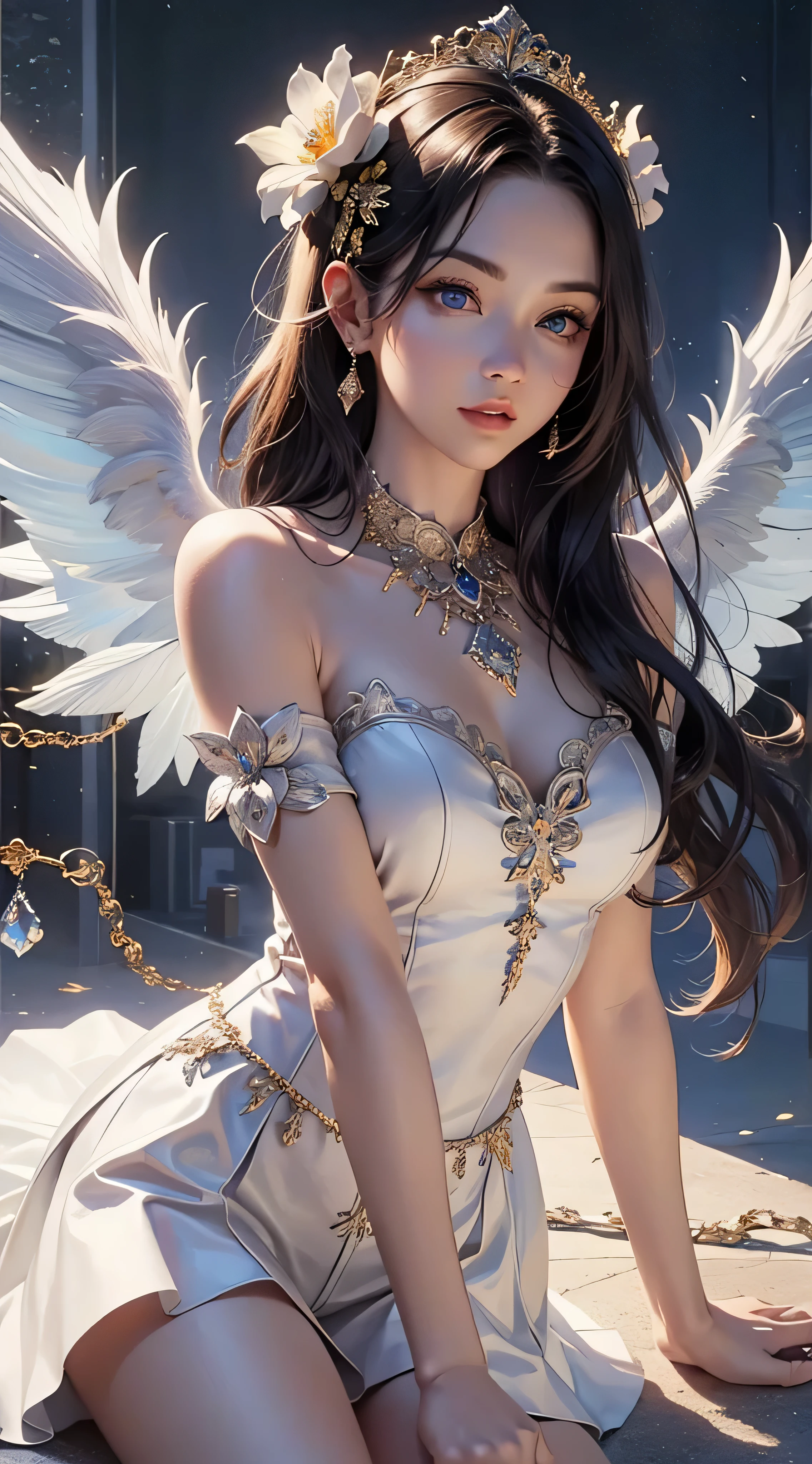 ((Need)), ((tmasterpiece)), (A detailed), Enchanting succubus, Ethereal beauty, Perched in clouds, (fantasy illustrations:1.3), Seductive gaze, captivating posture, delicate wings, otherworldly charm, Mysterious Sky, (Luis Royo:1.2), (Yoshitaka Amano:1.1), Moon Night, pastelcolor, (Detailed cloud view:1.3), (A high resolution:1.2)，Close-up shot，Close-up shot，Black eyes，Detailed beautiful eyes，angelicales，White wings