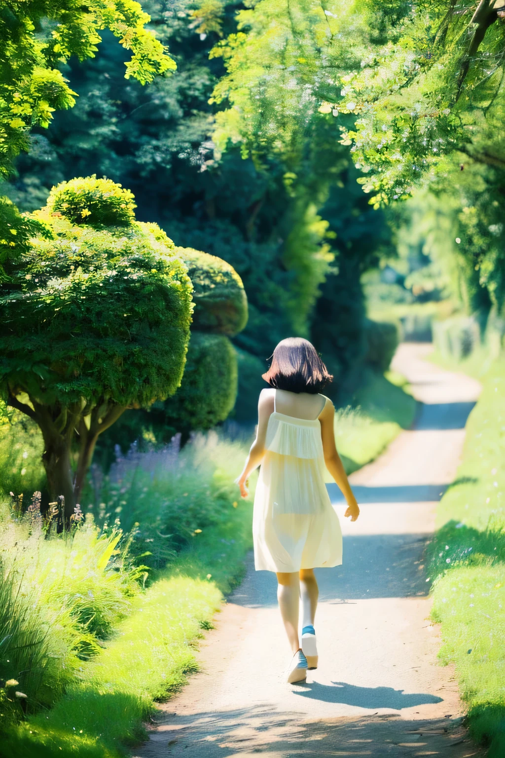 Perfect Beautiful Girl、Full Beautiful Girl、​masterpiece、16K resolution、pure、gravure、high-level image quality、hightquality、summer mountain path,spiritually beautiful、Shizuku、Beautiful limbs、Tree leakage day、artistic、