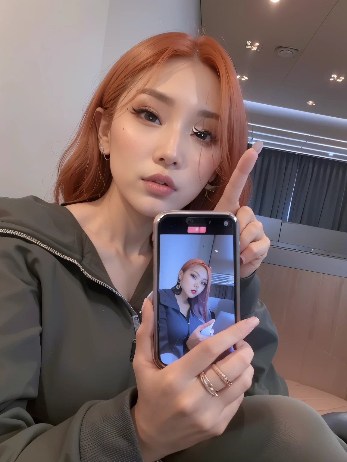 mulher ruiva segurando um celular com a foto de uma mulher nele, Fotografia selfie 8k, Hwasa, Hwasa do Mamamoo, Hwasa do Mamamoo, Hwasa, she is holding a smartphone, iphone selfie, Mamamoo Hwasa, portrait of Hwasa do Mamamoo, foto do smartphone, selfie shot straight on angle
