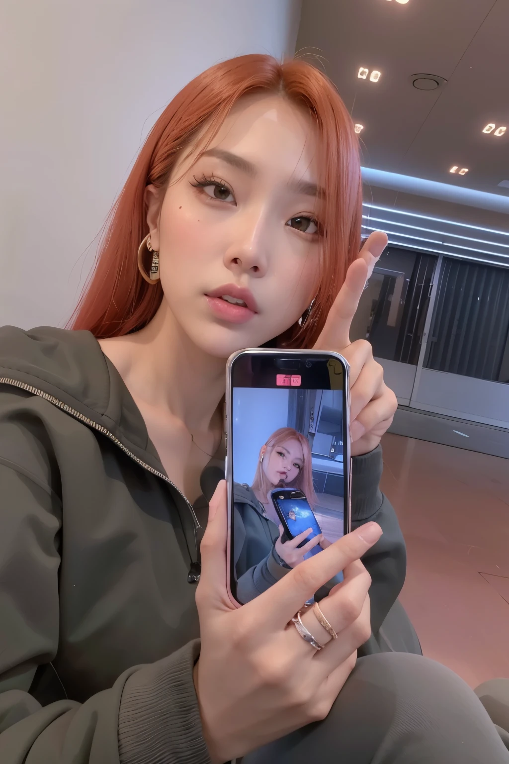 mulher ruiva segurando um celular com a foto de uma mulher nele, Fotografia selfie 8k, Dom Yunjoo, Lalisa Manoban do Blackpink, Parque Roseanne do Blackpink, Lalisa Manobal, she is holding a smartphone, iphone selfie, jossi do blackpink, portrait of jossi do blackpink, foto do smartphone, selfie shot straight on angle
