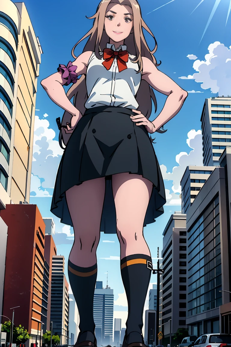 giantess art, Beautiful girl,, A giant woman bigger than a skyscraper, very small metropolis, miniature metropolis, Full body depiction, gts, giantess, tiny city,micro city, sleeveless shirt, skirt, smile