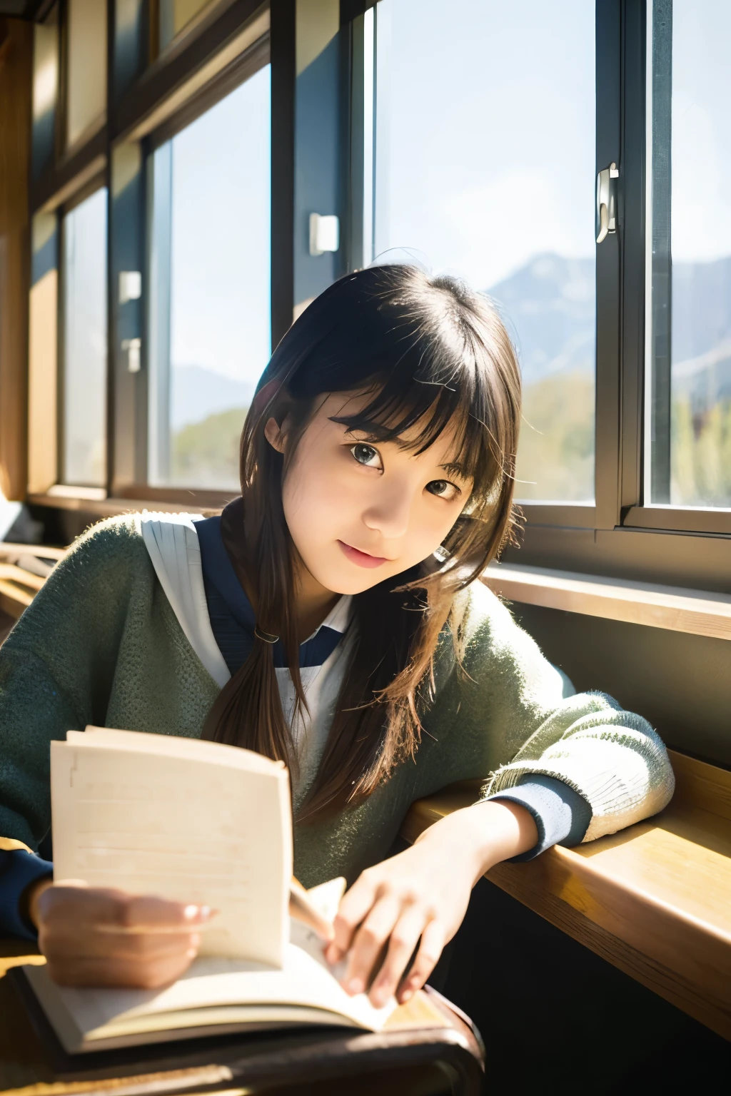 Beautiful Japanese age girl with bright eyes studying at a desk in the library. she is next to the window, and outside, The landscape is sunny and trees々Looks.