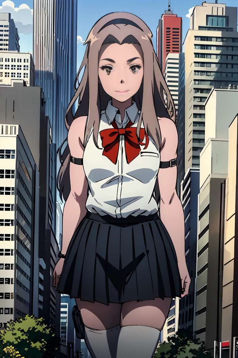 giantess art, Mimi Tachikawa, A giant woman bigger than a skyscraper, very small metropolis, miniature metropolis, Full body depiction, gts, giantess, tiny city,micro city, sleeveless shirt, skirt, smile