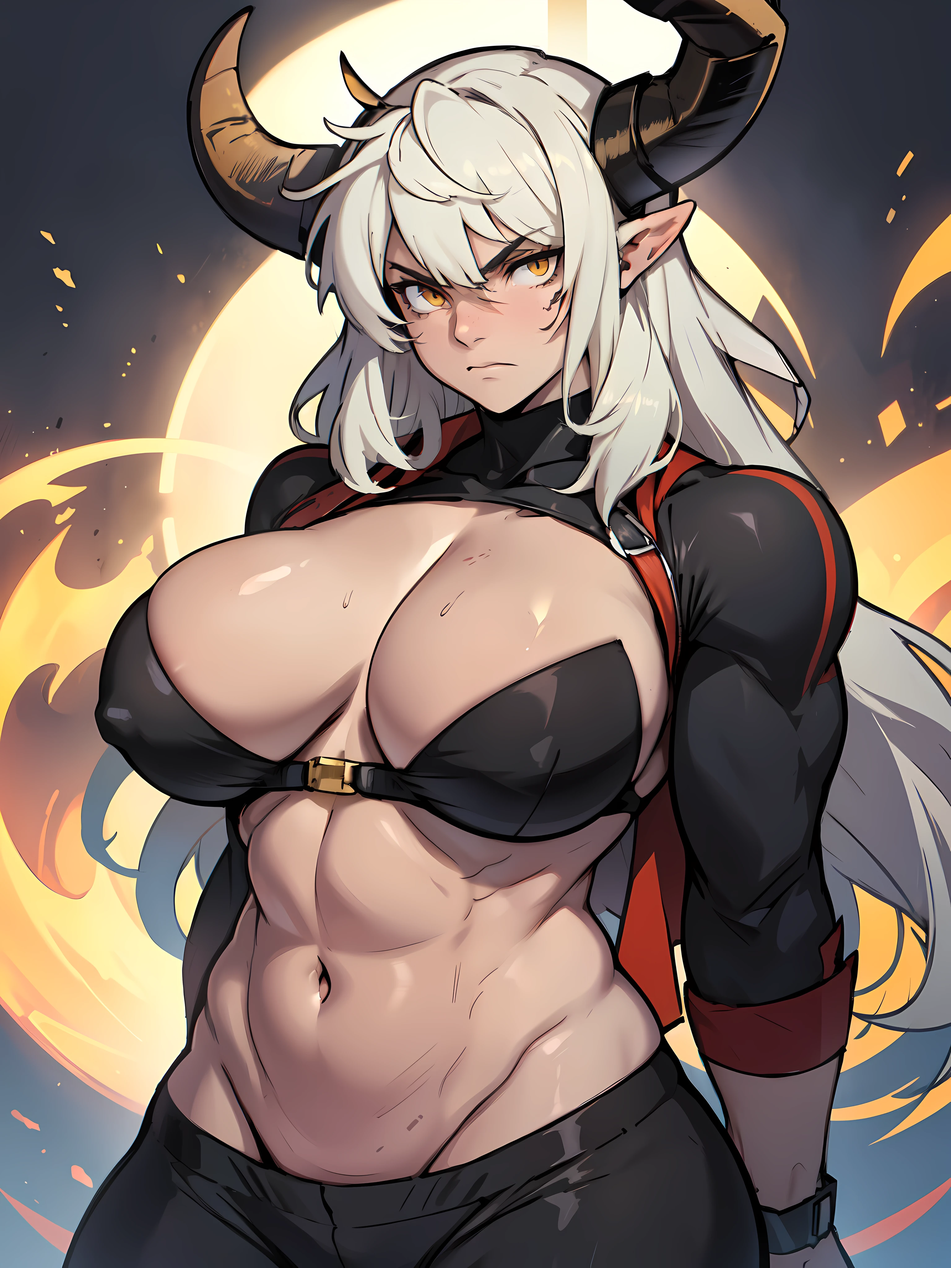 angry (((muscular girl toned body massive breasts horns horns horns))) long silky black hair yellow eyes dark atmosphere pale skin