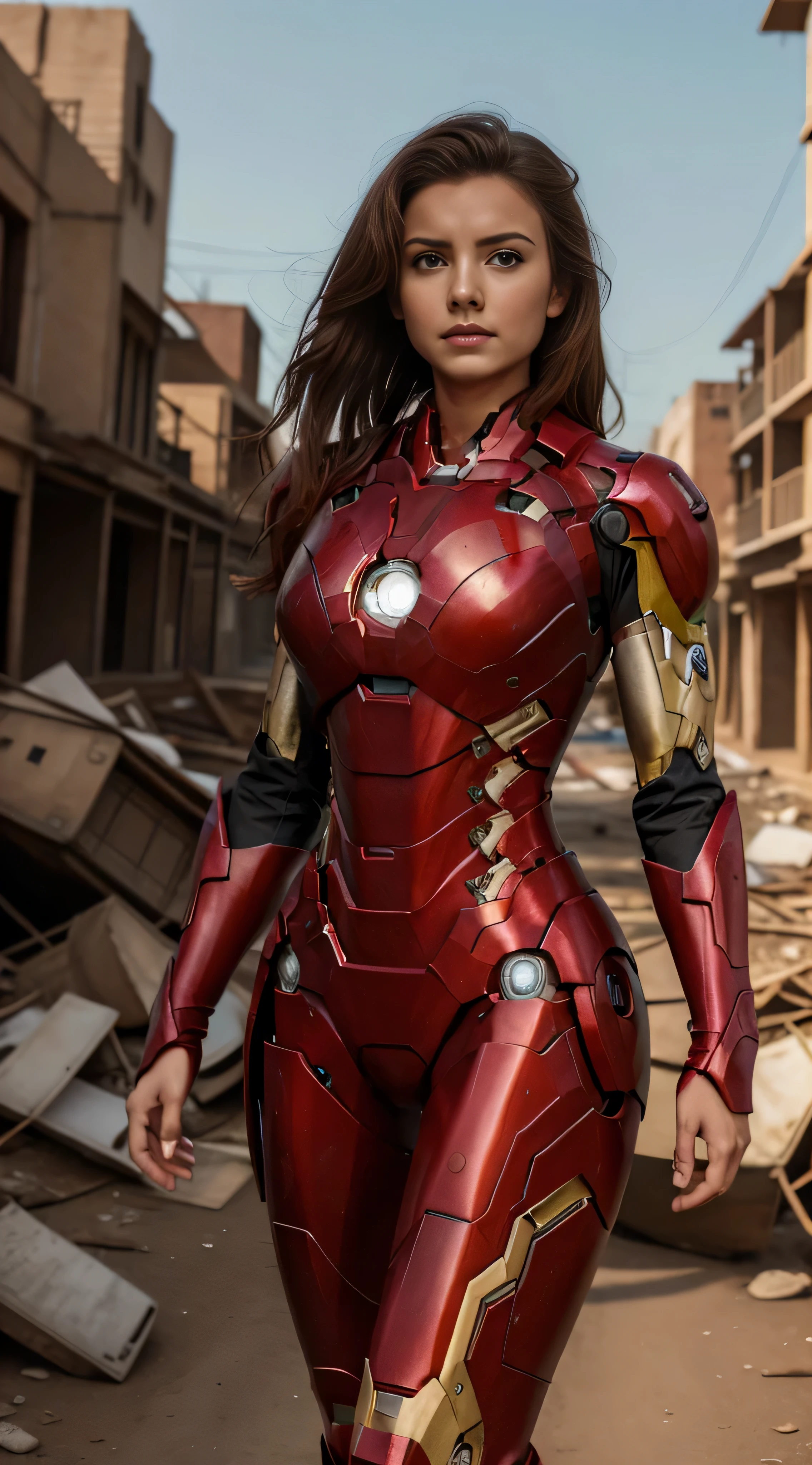 Masterpiece, best quality, female head, female version of Iron Man's body, background city ruins