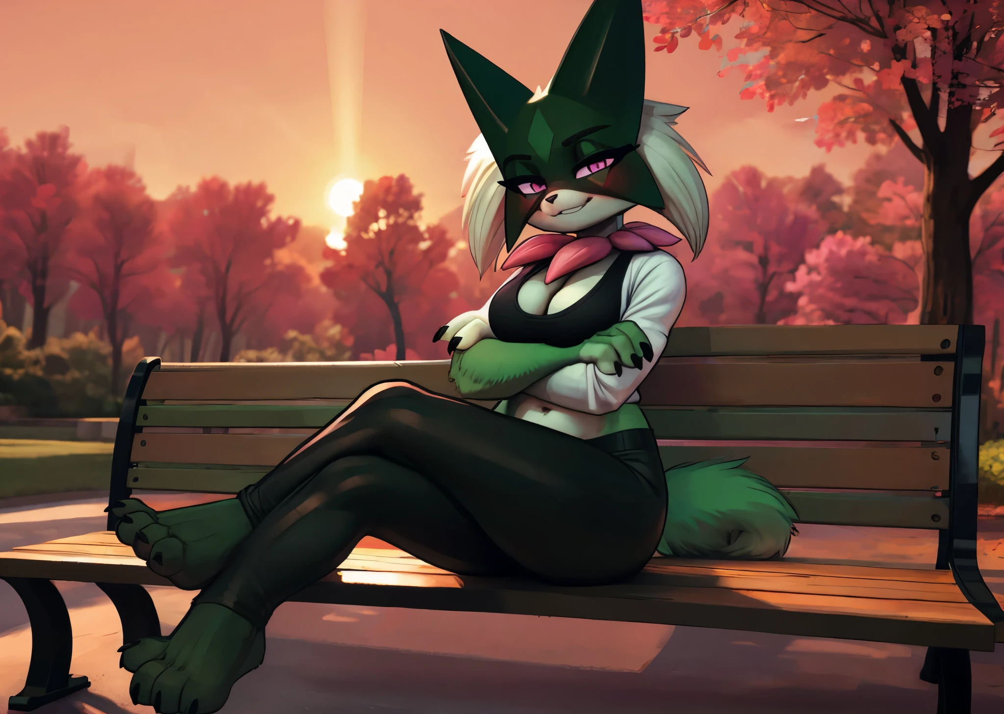 [meowscarada], [Uploaded to e621.net; (Pixelsketcher), (napalm_express), (woolrool), (wamudraws)], ((masterpiece)), ((HD)), ((high res)), ((solo portrait)), ((full body)), ((feet visible)), ((furry; anthro)), ((detailed shading)), ((beautiful render art)), {anthro; green fur, black nose, (cat ears), (cute pink eyes), (long black nails), (medium boobs), (curvy hips), (thick thighs), (beautiful legs), (beautiful feet), (blushing), (smug grin)}, {(purple v-neck tee shirt), (cleavage), (navel), (black spandex yoga pants), (pink leaves around neck)}, {(sitting on bench), (crossed legs), (crossed arms), (looking at viewer)}, [background; (park), (trees), (sunrise), (orange sky), (sun rays), (ambient lighting)]