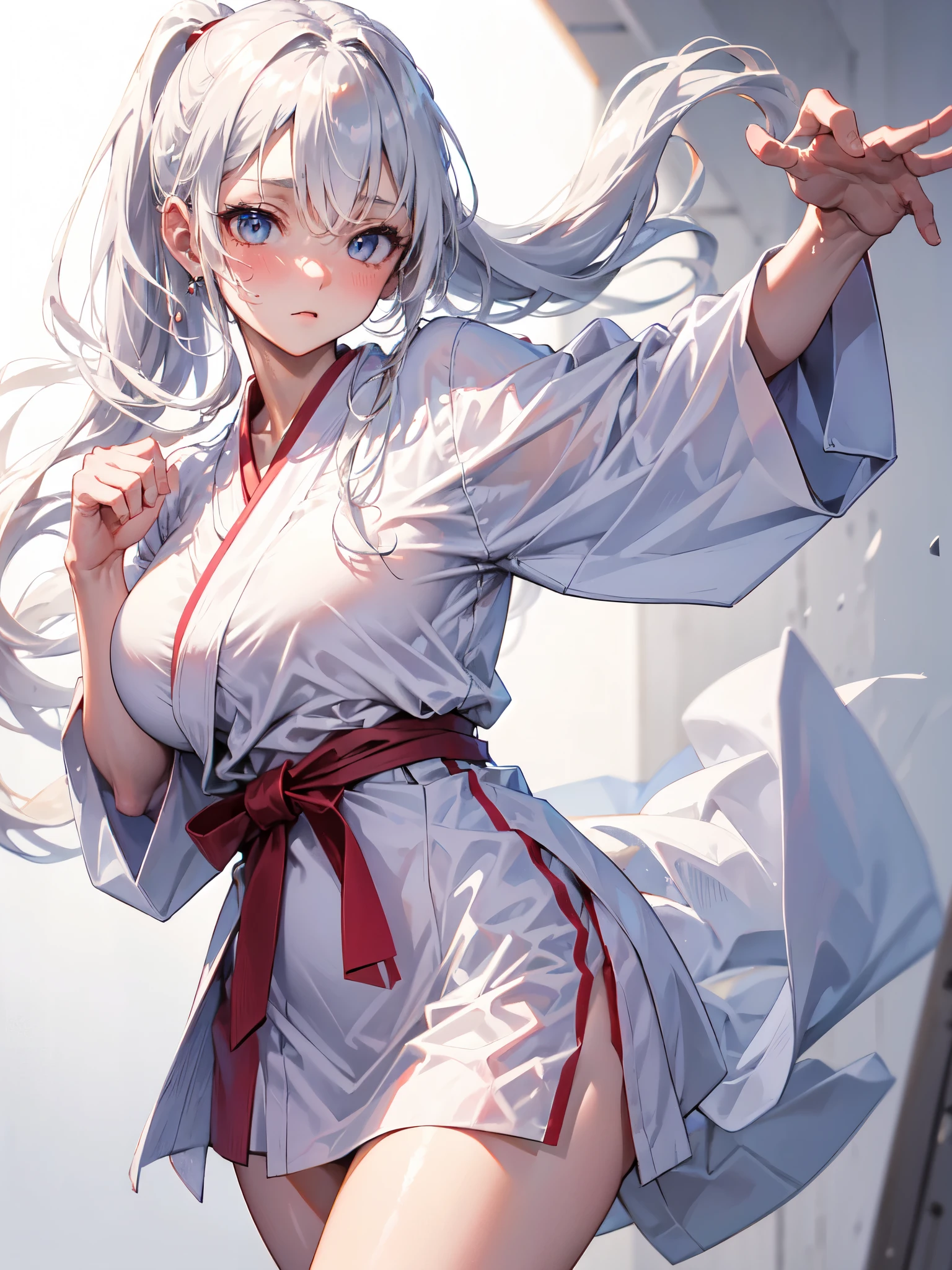 high quality,16 girl, karate uniform,white kimono,cute face, large breasts, slender body, delicate body, sweat,light clothing, in karate venue,focus girl,detailed beautiful face,detailed clothes,beautiful eyes,cool