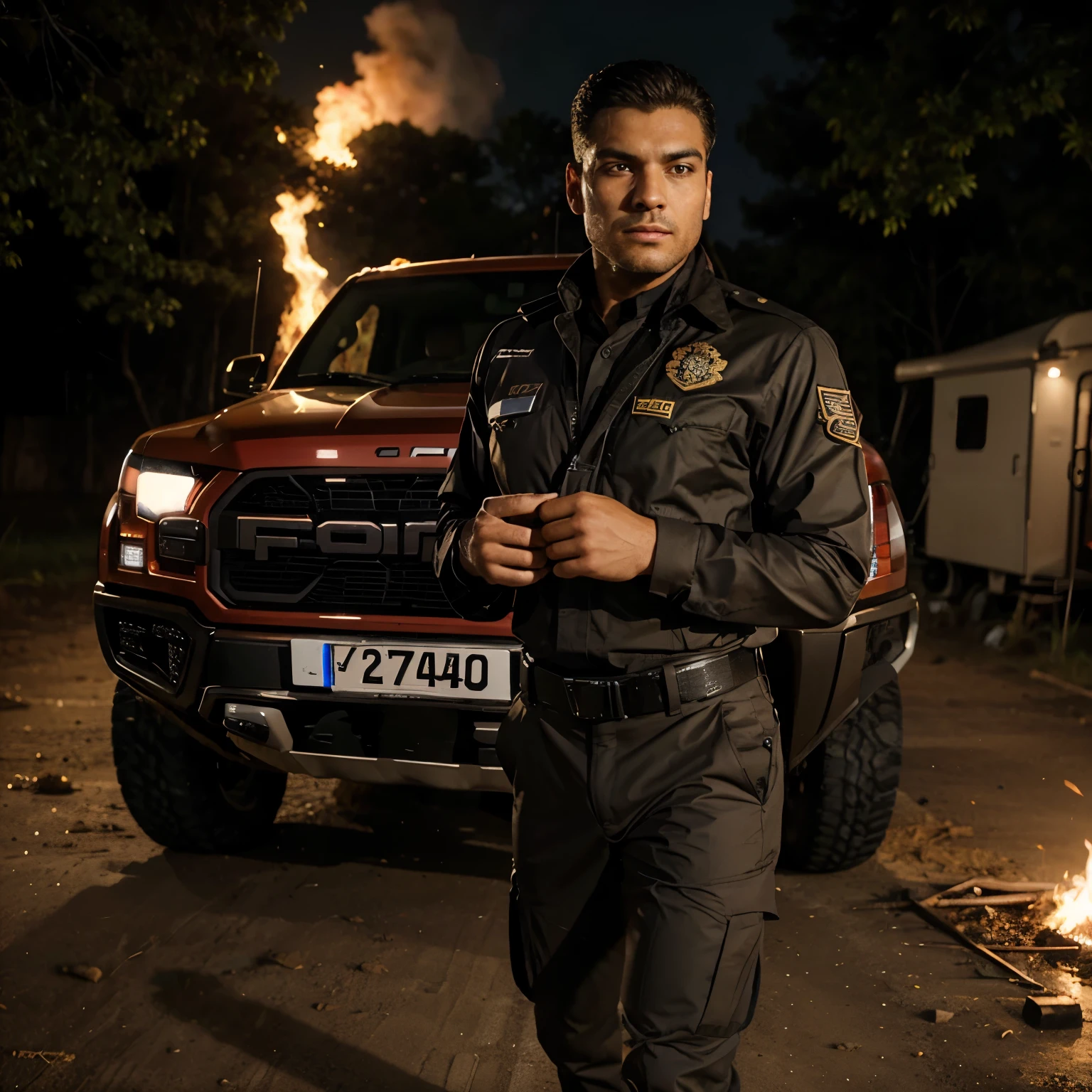 Man with tactical uniform Latin features , elegante con arma de fuego parado junto a camioneta Ford raptor