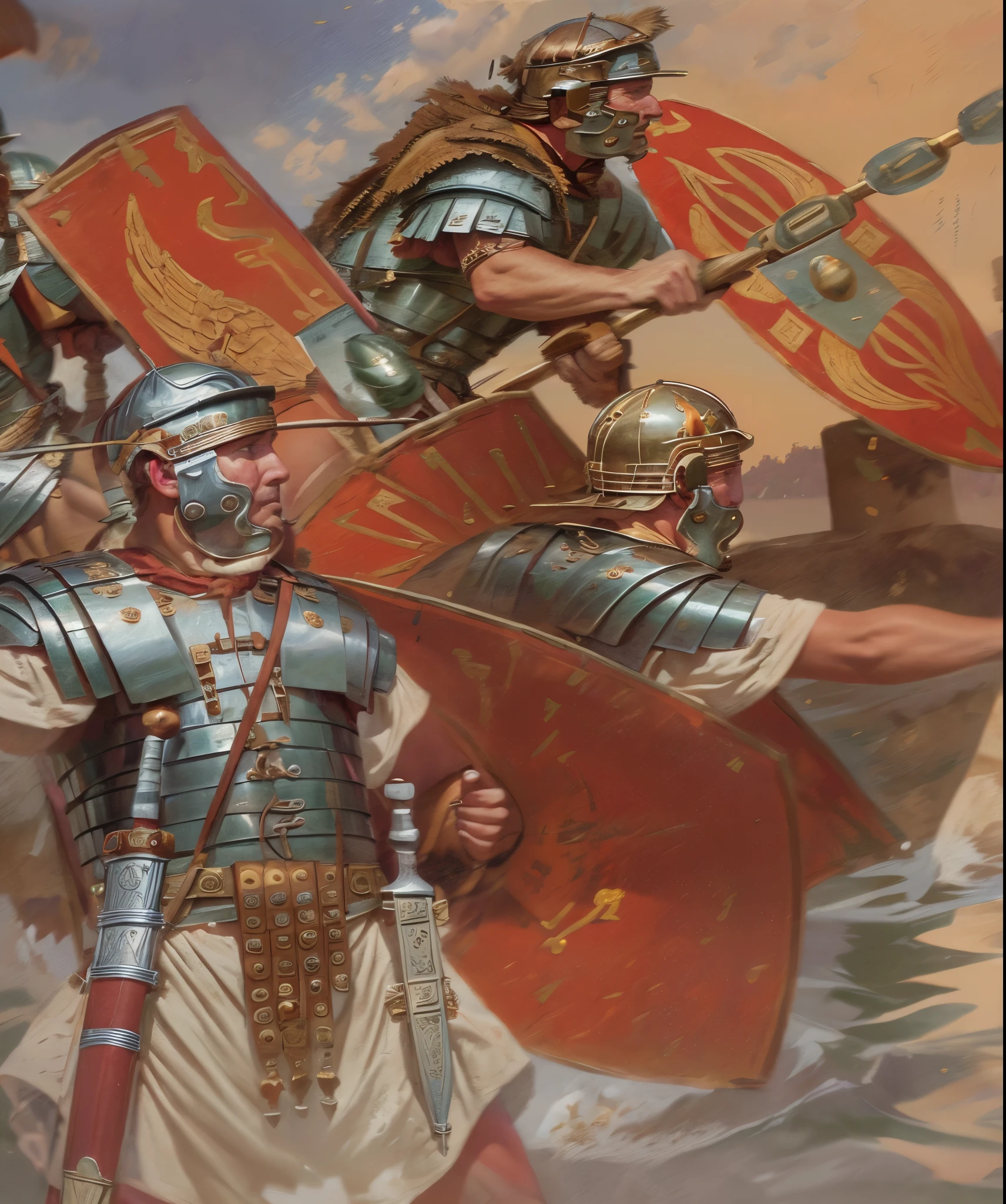 RAW photo, there are many people in the water with scutum and lorica segementata, roman legionnaire, fall of rome, roman empire, inspired by Roman Bezpalkiv, traditional roman armor, leading spartans into battle, by Pogus Caesar, dressed in roman armour, highly detailed RAW phot, modern roman empire, caesar victorious, roman centurion, roman armor, sneering roman legioneer