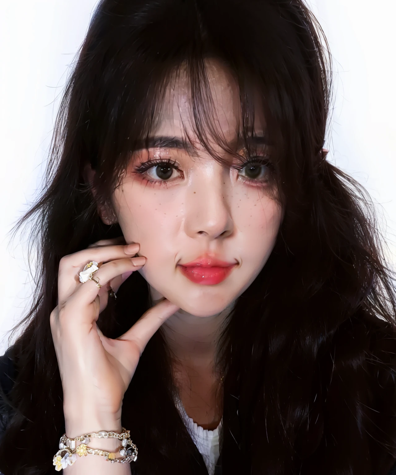 un primer plano de una mujer con cabello largo y negro y una pulsera, Retrato Jisoo Blackpink, Jisoo de Blackpink, Lalisa Manobal, Jisoo de Blackpink, Lalisa Manoban de Blackpink, Jinyoung Shin, Ella tiene el pelo negro con flequillo, Retrato de Jossi de Blackpink, portrait of female Korean idol, Parque Ji-min, Retrato de Kpop Idol