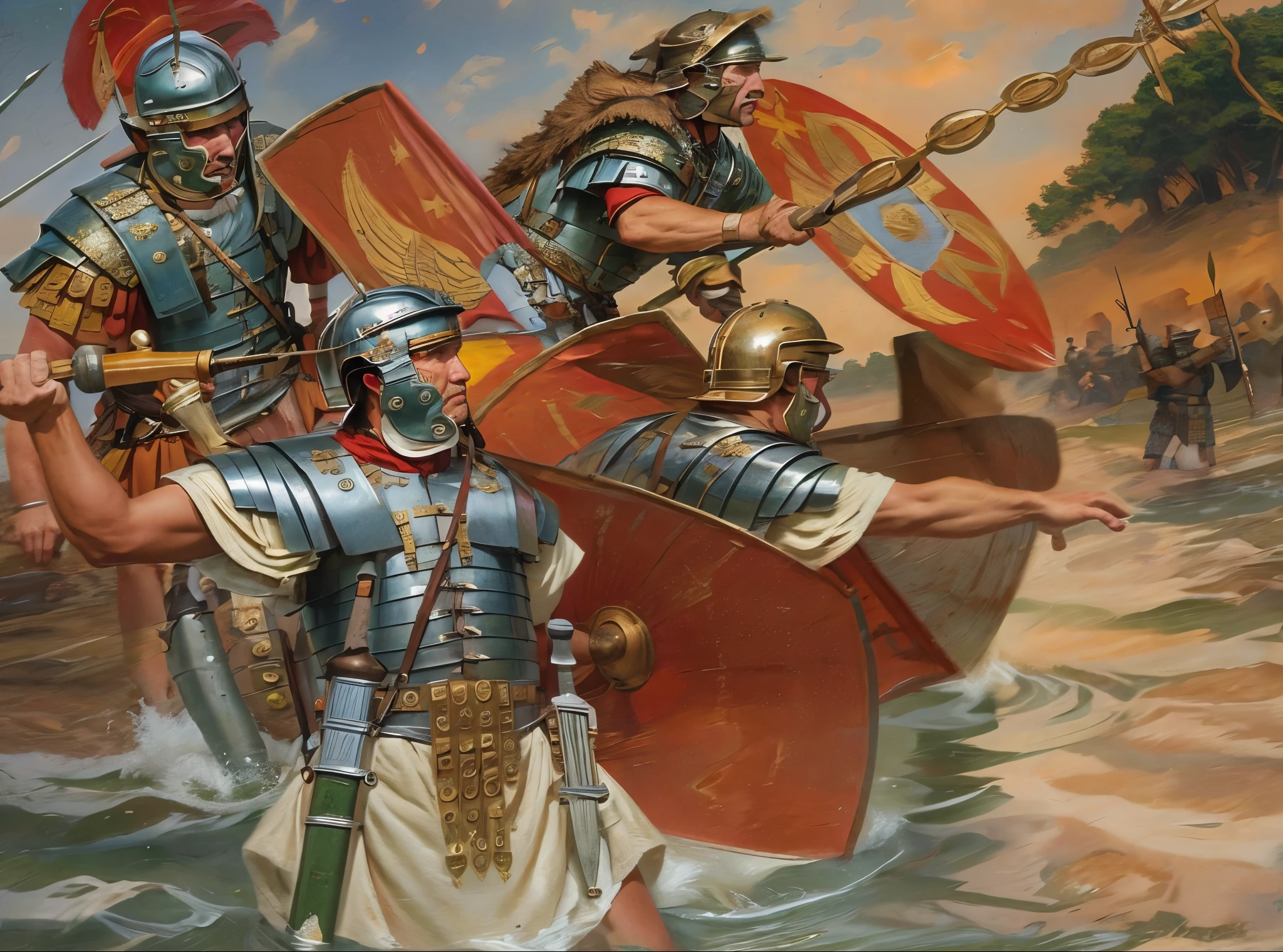 (RAW photo:1.0), there are many people in the water with scutum and lorica segementata, roman legionnaire, fall of rome, roman empire, inspired by Roman Bezpalkiv, traditional roman armor, leading spartans into battle, by Pogus Caesar, dressed in roman armour, highly detailed RAW phot, modern roman empire, caesar victorious, roman centurion, roman armor, sneering roman legioneer