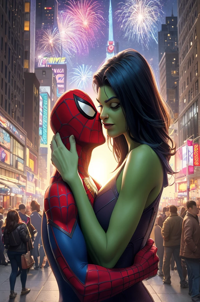 a close up of a woman hugging a spider - man in a city, by James Gurney, marvel art, in style of marvel and dc, she hulk, in style of marvel, comics style art, marvel style, by John La Gatta, she - hulk, hero pose colorful city lighting, marvel comics style, in style of marvel comics