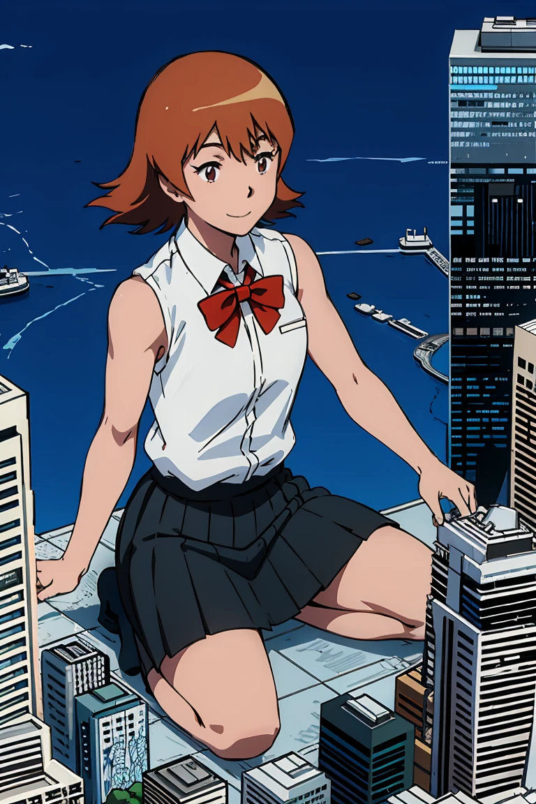 giantess art, Sora Takenouchi, A giant woman bigger than a skyscraper, very small metropolis, miniature metropolis, Full body depiction, gts, giantess, tiny city,micro city, sleeveless shirt, skirt, smile