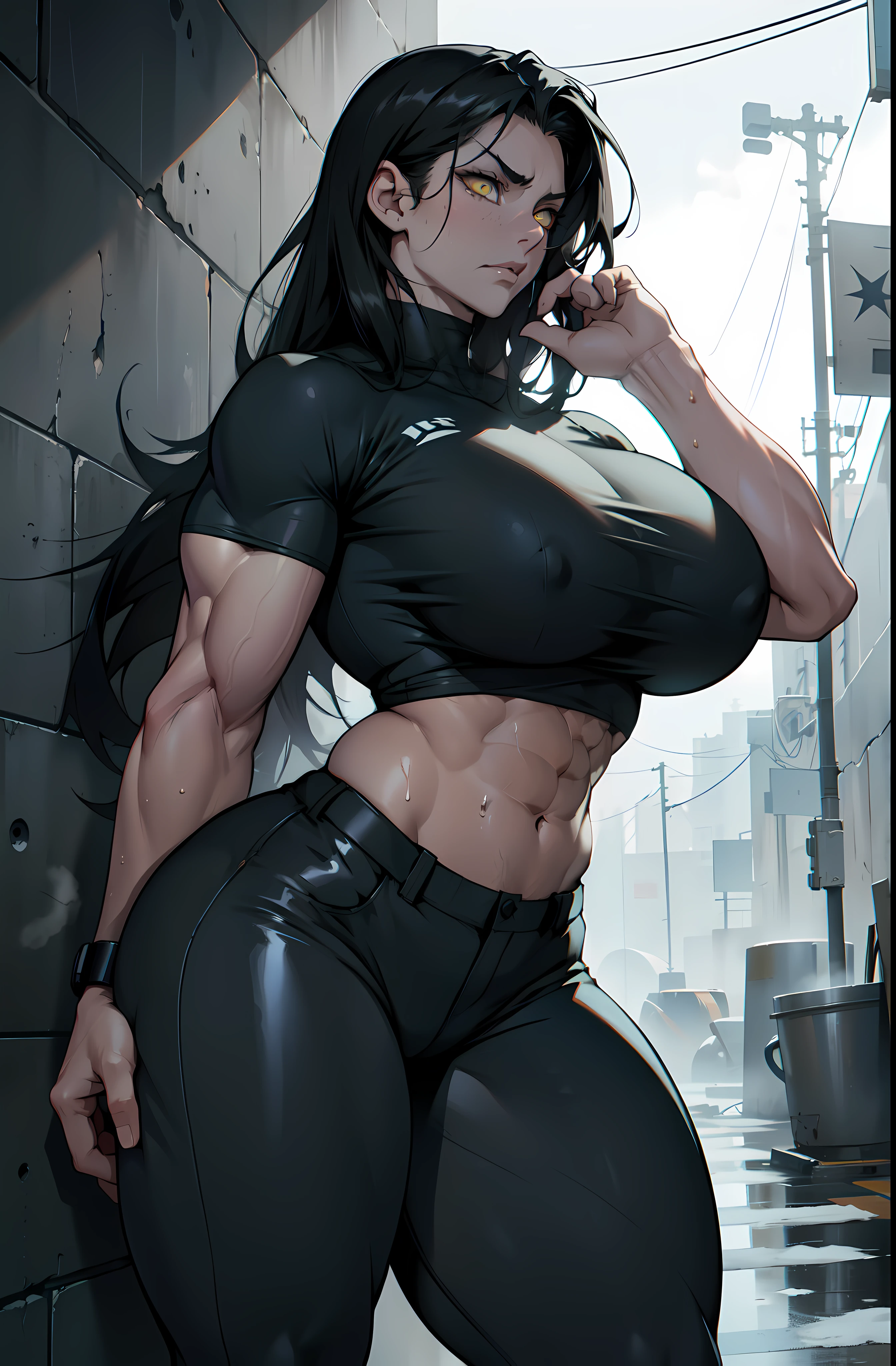 pale skin solo 1 girl black hair yellow eyes angry (very long hair sweaty) dark atmosphere (huge breasts bodybuilder toned body muscular) tight shirt tight pants curvy thick thighs wide hips snow veins foggy steam concrete wall shiny skin