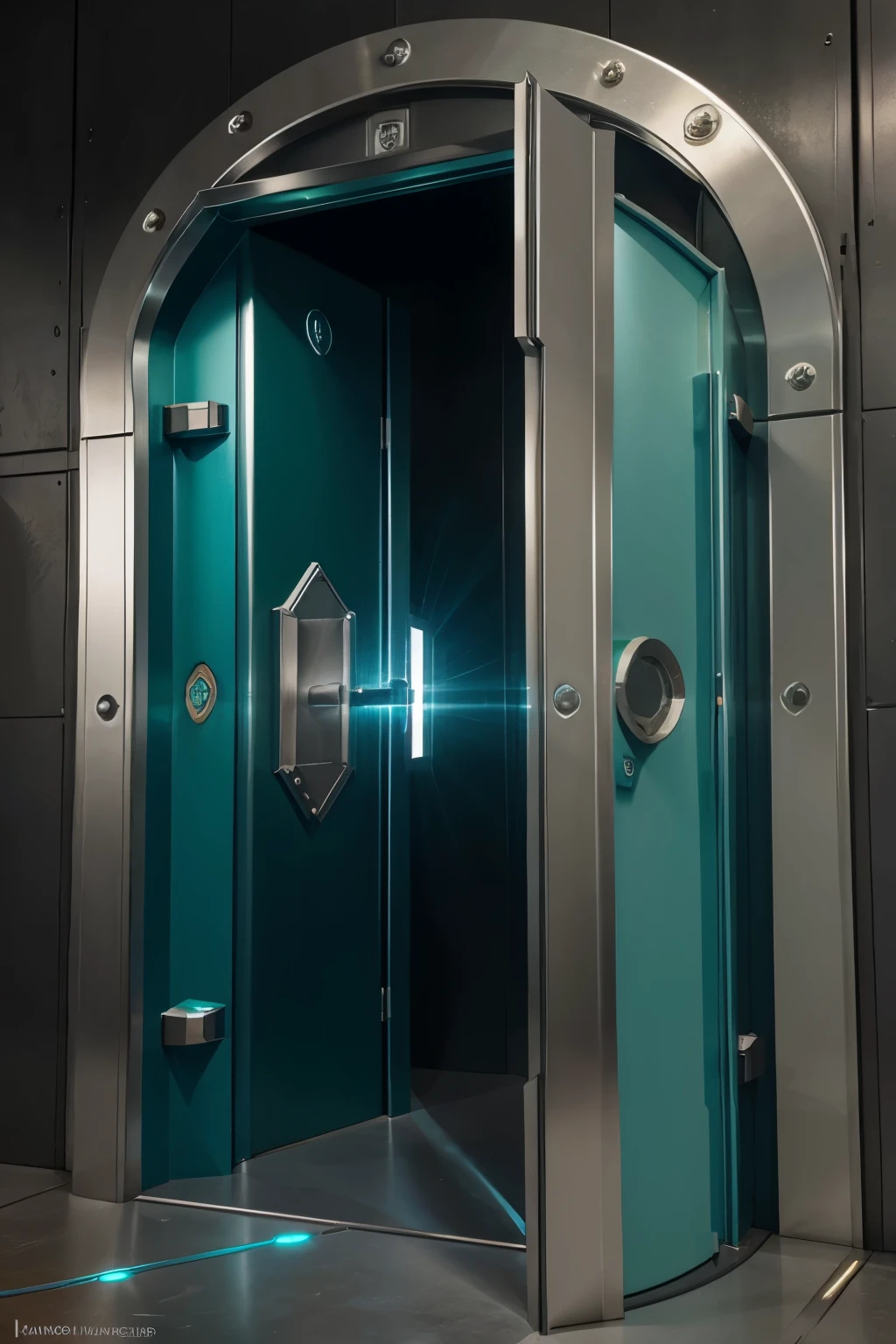 titanium vault door high details , realistic metal look like vault , high resolution, green and blue energy lighting