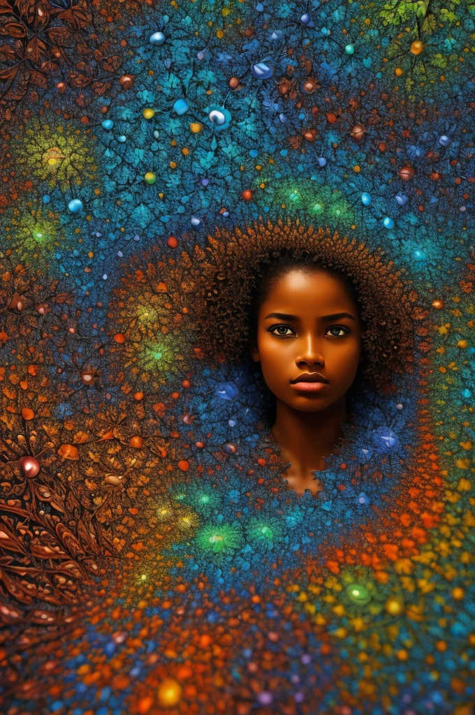 master part, melhor qualidade, ultra high-resolution, 1 menina africana de pele escura, (Arte Fractal:1.3), sombra profunda, tema escuro, totalmente vestido, colar, abandonado, cowboy shot, Seios colossais,