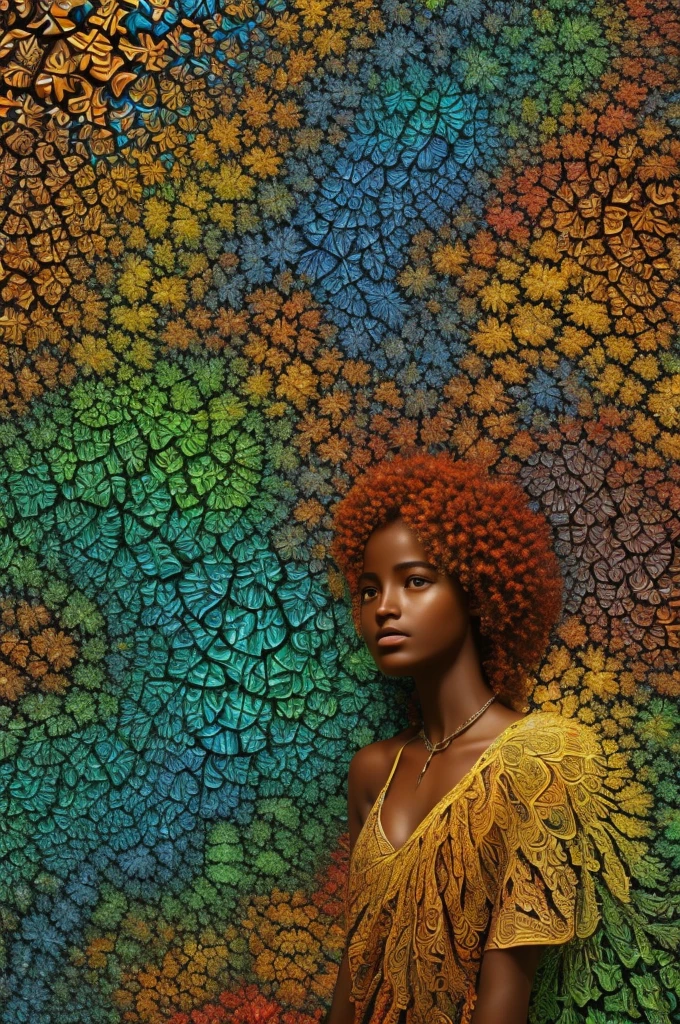 master part, melhor qualidade, ultra high-resolution, 1 africana de pele escura, (Arte Fractal:1.3), sombra profunda, tema escuro, totalmente vestido, colar, abandonado, cowboy shot, Seios colossais,