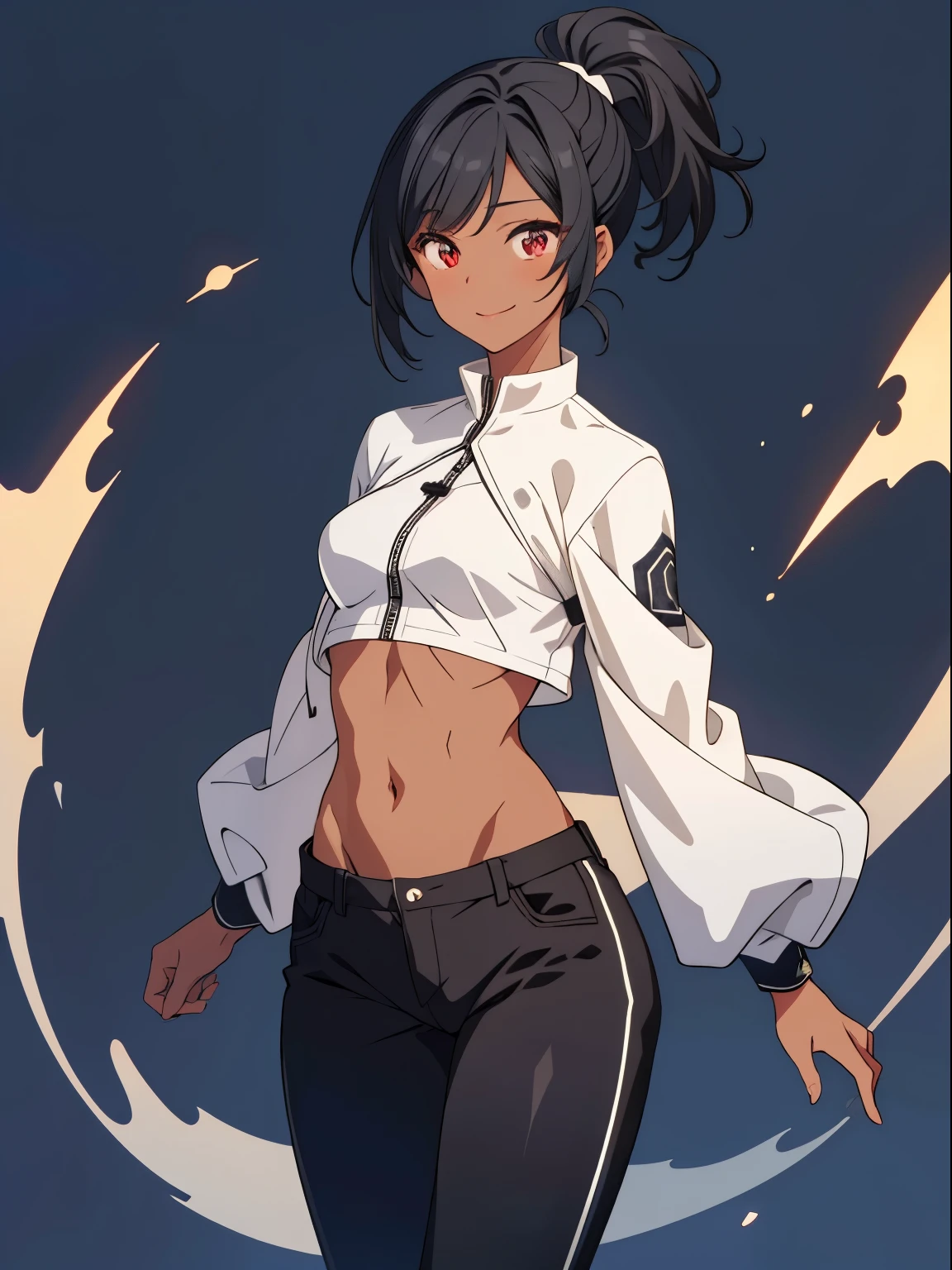 dreamy, (masterpiece), best quality, 1girl, Black short hair, amazing, beautiful detailed eyes, red eyes, fine details, depth of field, extremely detailed CG, ((Black skin)), White jacket, black crop top, black pants,small breasts, muscular girl, korra, dark skin, dark-skinned female, ponytail, hair tubes, short hair, perfect anatomy, perfect hands, 1girl, solo,(high detailed skin:1.2), beautiful (skinny:0.8), (black skin:0.2), medieval background , smiling, Stop