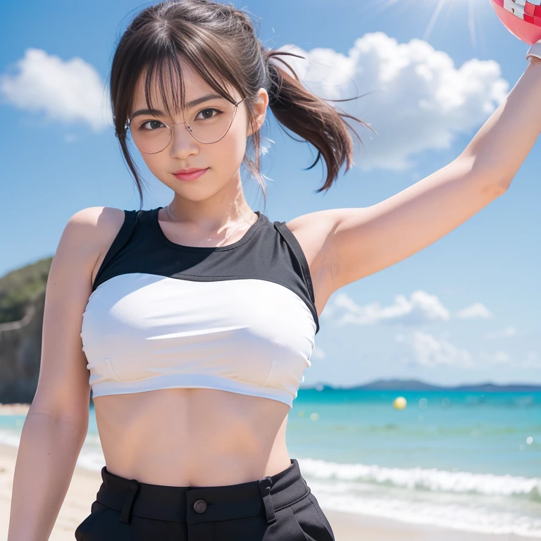 Coastal, Dazzling sunlight, 1 busty girl, short ponytail hair, shorter pants, sea beach, holding a beach ball, Armpits, Black shorts, Crop top, ssmile, Drill ponytail, put glasses on head, Fingerless gloves, looking at viewert, arms stretched wide, Silver Wolf \(hunka tower track\), thigh band, Colossal tits