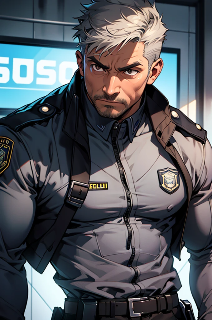 a photo of Cuvugar Trimes, looking at the camera, a human police investigator, male, middle-aged, with a robust and athletic appearance. He has short, gray hair, piercing brown eyes, and a determined look. His serious expression and striking features convey authority and confidence, he wears a dark suit and carries an aura of professionalism and respect. comic style