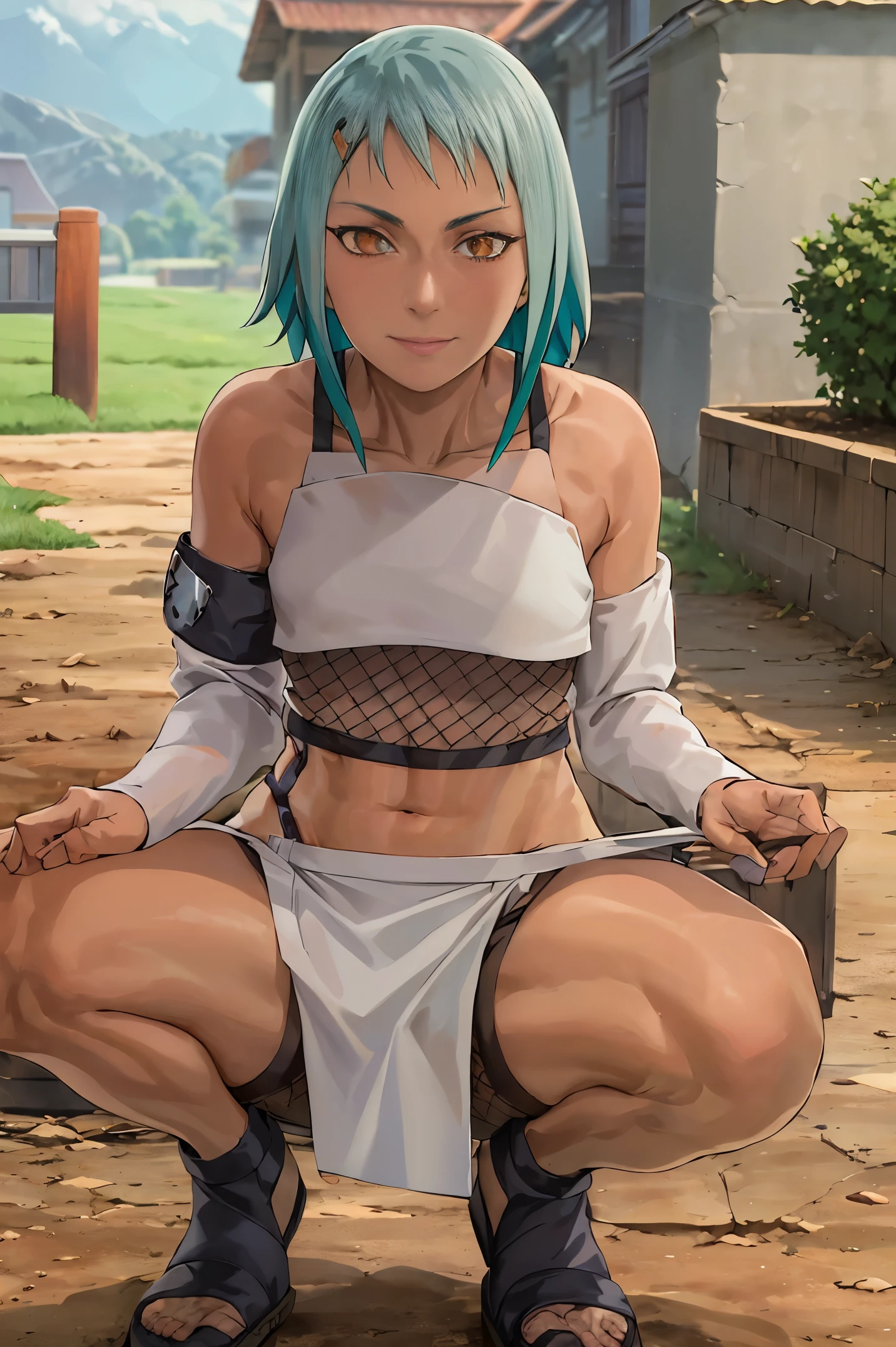 masterpiece, absurdres ,fuu, 1girl, solo, crop top, midriff, navel, fishnets, skirt, smile, sandals, detached sleeves, groin, ninja, crop top, squatting,