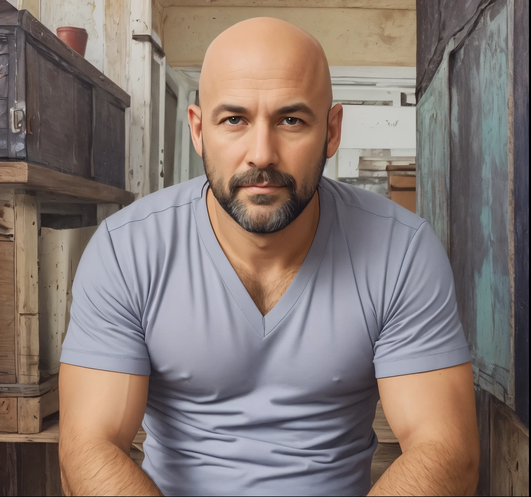 portrait of a man, age40, bald, short_beard, vans sneakers, slim_jeans, v-neck t-shirt, bright blue_eyes, --auto --s2