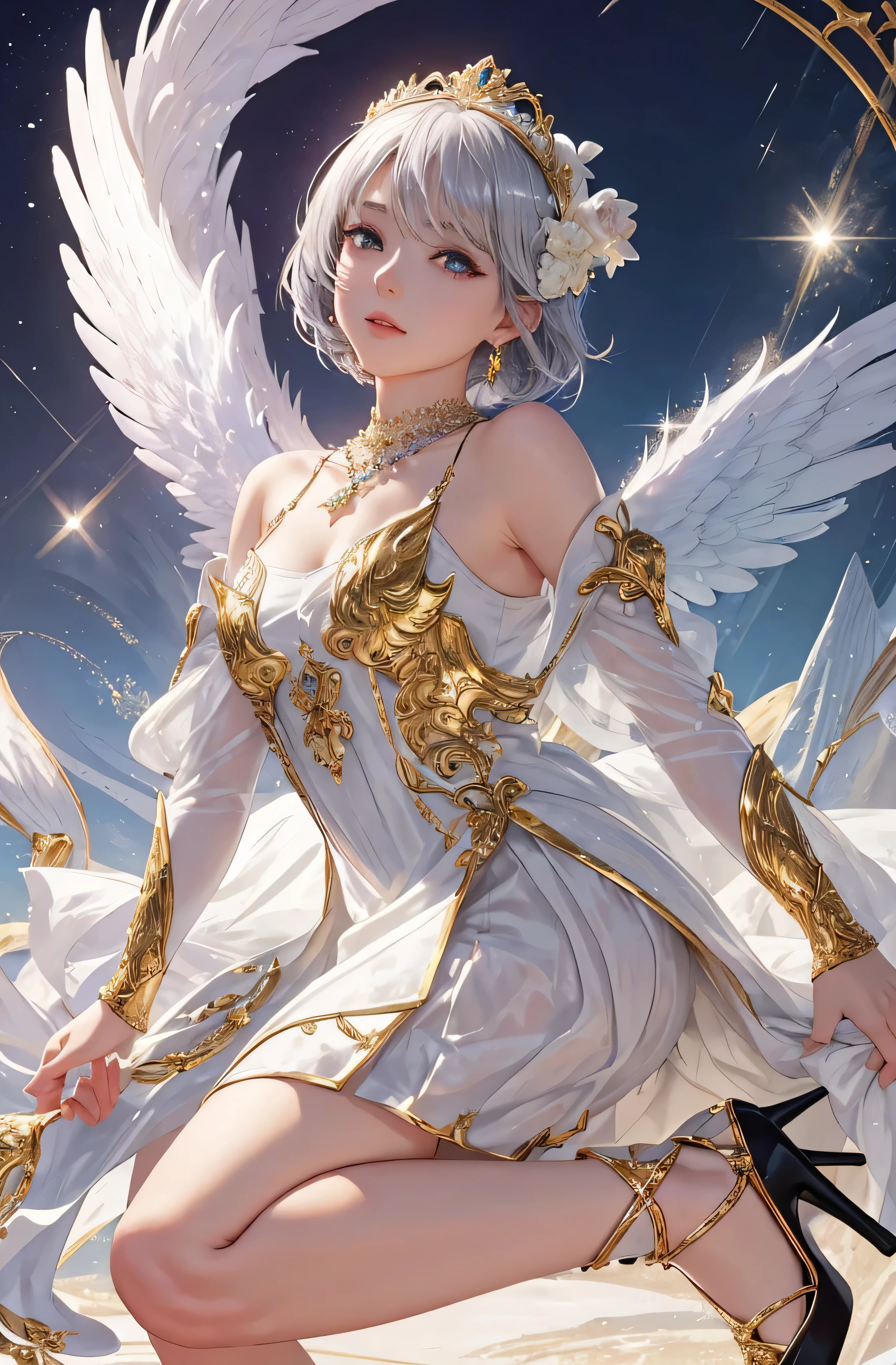 Castle in the distance、The face is front、Looking at the camera、profile、8K、realphoto、超A high resolution, Master Parts, Best Quality, nffsw , cinematic images,Lovely girl、ann、16 only、annグロサクソン、二重まぶた、drooing eyes、Very big eyes、Eyes purple、Dark eye shadow、The lips are very thin、The tip of the nose stretches beautifully................................、small nostrils,,,,, ighly detailed , Silver hair、Straight short hair、ssmile、 Sweet look 、a very beautiful woman、legs are long、、Very clear shadows , jewely , A detailed eye, very intricate, shiny skins , パーフェクトブリリannト, Perfect Lighting, Dramatic shadows、White tiara on head、Gold necklace around the neck、White aristocratic dress with gold embroidery、Glass High Heels、Angel White Wings