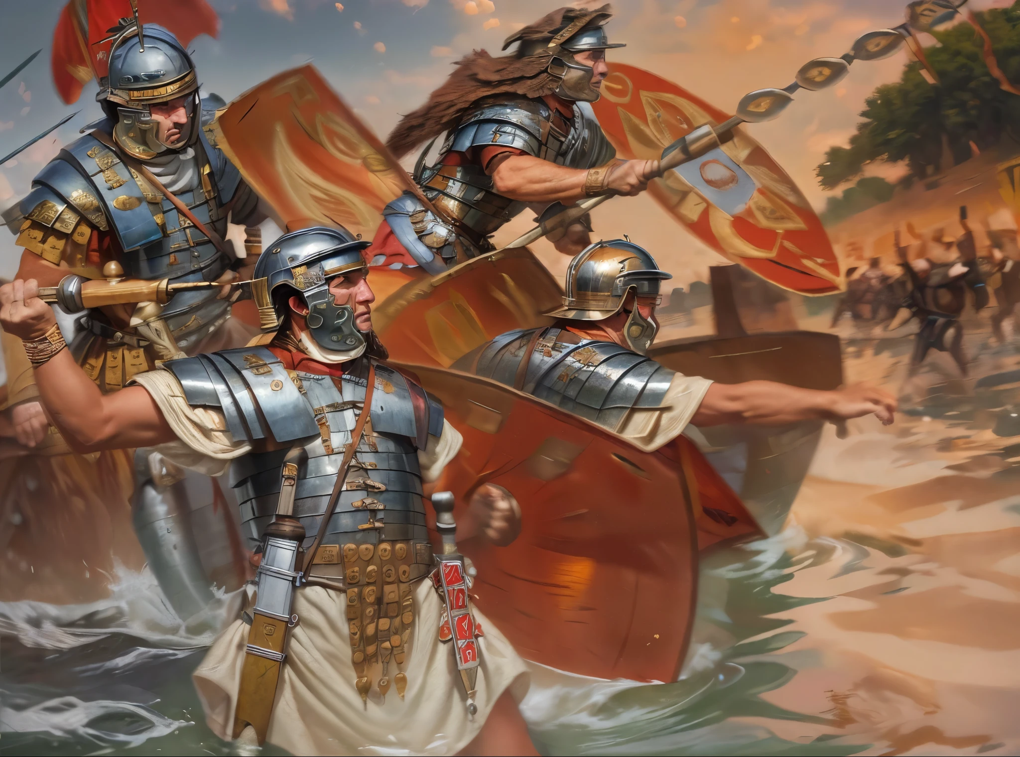 (RAW photo:2), there are many people in the water with scutum and lorica segementata, roman legionnaire, fall of rome, roman empire, inspired by Roman Bezpalkiv, traditional roman armor, leading spartans into battle, by Pogus Caesar, dressed in roman armour, highly detailed RAW phot, modern roman empire, caesar victorious, roman centurion, roman armor, sneering roman legioneer