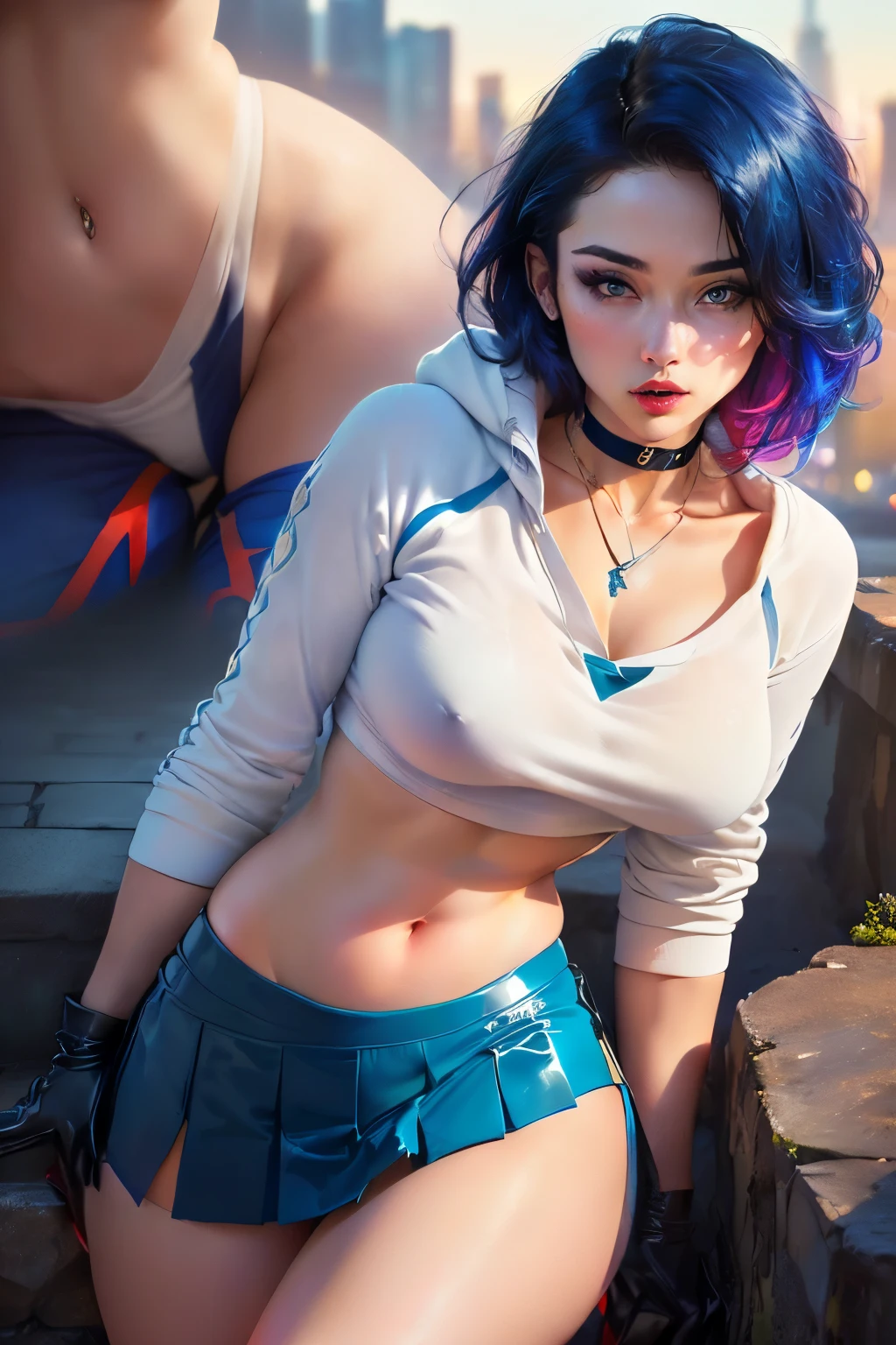 (masterpiece), best quality, expressive eyes, perfect face.
((masterpiece:1.4)、(Top Quality:1.4)、(realistic:1.7))、
Masterpiece: 1.4、(Frontline rendering: 1.4)、
(Demon Woman: 1.4)、(short aqua blue hair), (ivory horns),
(Super beautiful researcher, sexy body, ((plain white blouse without design)), ((((White crop top sweatshirt without design, sweatshirt
cropped, sweatshirt)))),
((white blouse without design))、(blouse without neckline), (Pleated miniskirt:1.4 bright blue luxury latex:1.4)、(Navy blue
(Pleated miniskirt: 1.4)、22
years, (with white gloves), kawaii demon girl, super beauty,
Sharp focus, portrait photography (perfect female body: 1.4)
perfect proportions, full body photo: 1.4, beautiful face,
Fearless look, beautiful red eyes, narrow waist, beautiful legs,
(hair length: 1.2)、Beautiful udder、Medium and full breasts: 1.2、
sexy photo, raw, red lips, red heels: 1.4, a choker: 1.4, a
necklace: 1.4, 1 screen, beautiful night view of Cyberpunk City: 1.2
BREAK,
((vibrant, beautiful, painterly, detailed, textural, artistic)),
(illustration, masterpiece, best quality, high quality),
((very detailed, ultra-detailed)), (intricate and absurd details: 1.3),
(unreal engine, octane rendering, antialiasing, sharp focus, sharpness,
Natural lighting, high saturation, high contrast, bright and vibrant colors.
colors, studio lighting, beautiful detailed landscapes, better texture quality),