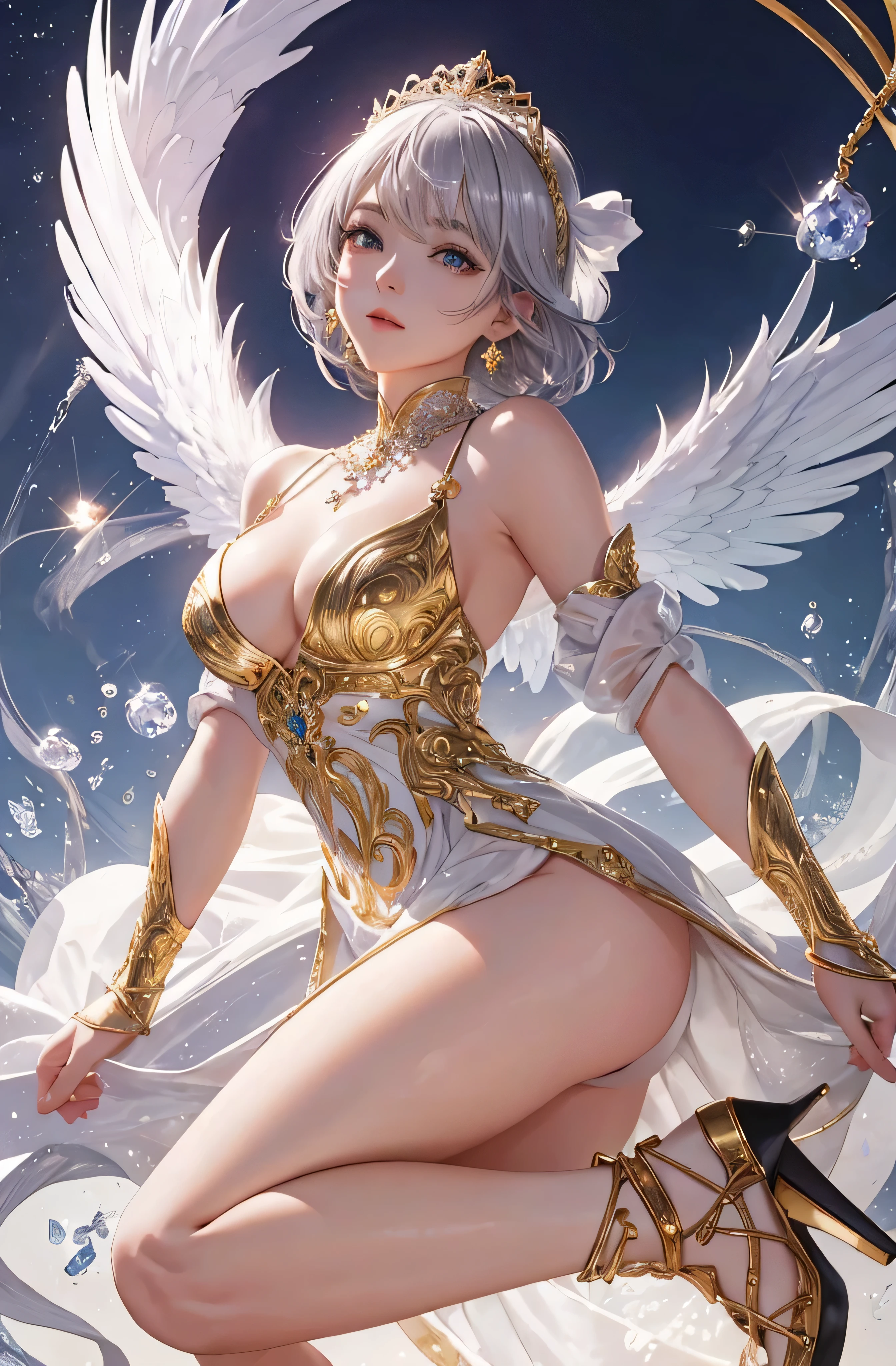 Castle in the distance、The face is front、Looking at the camera、profile、8K、realphoto、超A high resolution, Master Parts, Best Quality, nffsw , cinematic images,Lovely girl、ann、16 only、annグロサクソン、二重まぶた、drooing eyes、Very big eyes、Eyes purple、Dark eye shadow、The lips are very thin、The tip of the nose stretches beautifully................................、small nostrils,,,,, ighly detailed , Silver hair、Straight short hair、ssmile、 Sweet look 、a very beautiful woman、legs are long、、Very clear shadows , jewely , A detailed eye, very intricate, shiny skins , パーフェクトブリリannト, Perfect Lighting, Dramatic shadows、White tiara on head、Gold necklace around the neck、White aristocratic dress with gold embroidery、Glass High Heels、Angel White Wings