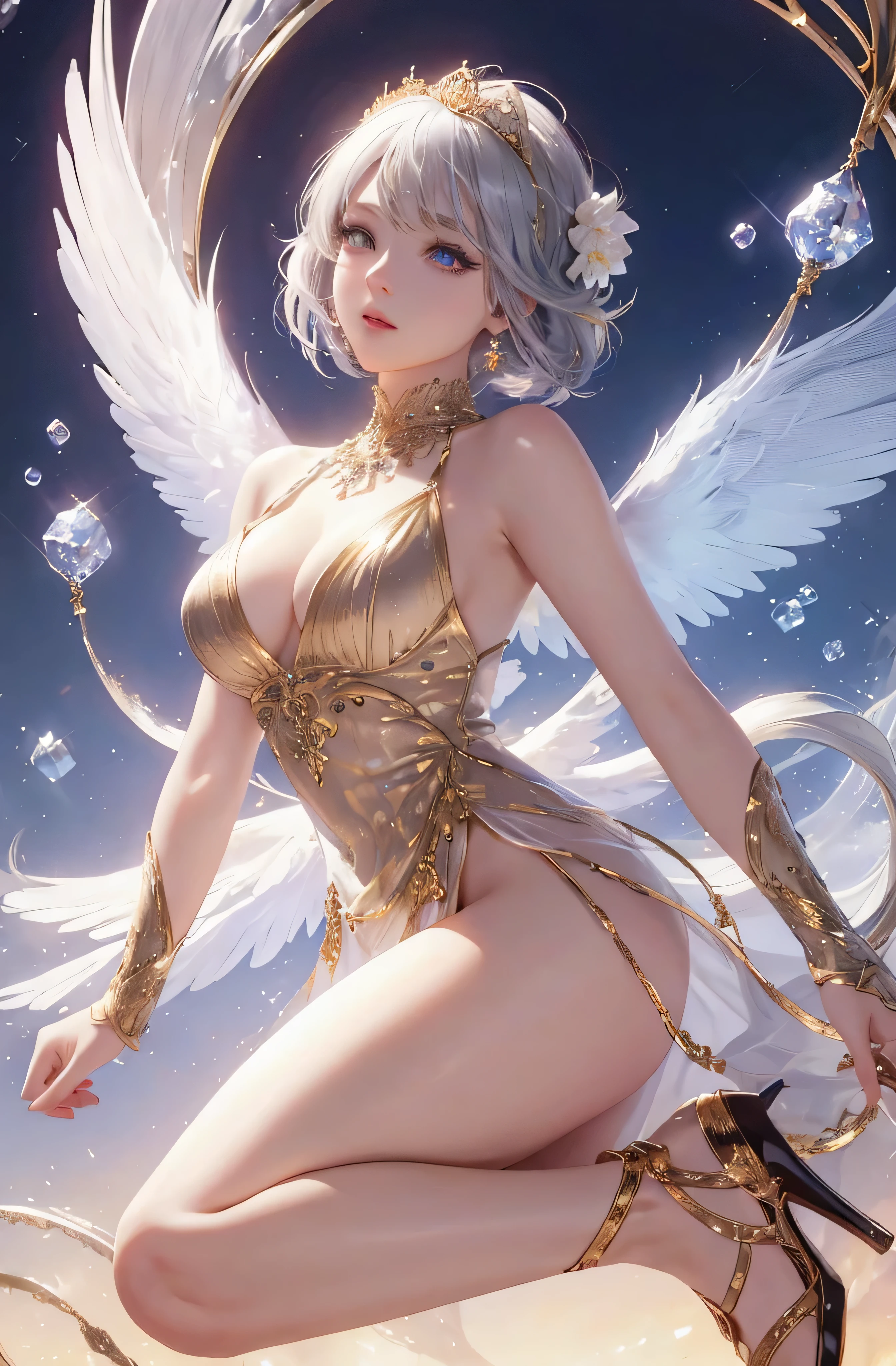 Castle in the distance、The face is front、Looking at the camera、profile、8K、realphoto、超A high resolution, Master Parts, Best Quality, nffsw , cinematic images,Lovely girl、ann、16 only、annグロサクソン、二重まぶた、drooing eyes、Very big eyes、Eyes purple、Dark eye shadow、The lips are very thin、The tip of the nose stretches beautifully.............................、small nostrils,,,,, ighly detailed , Silver hair、Straight short hair、ssmile、 Sweet look 、a very beautiful woman、legs are long、、Very clear shadows , jewely , A detailed eye, very intricate, shiny skins , パーフェクトブリリannト, Perfect Lighting, Dramatic shadows、White tiara on head、Gold necklace around the neck、White aristocratic dress with gold embroidery、Glass High Heels、Angel White Wings
