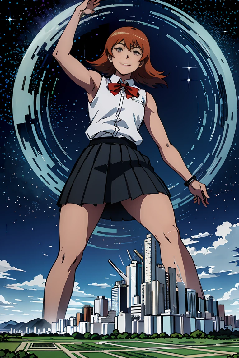 giantess art, Sora Takenouchi, A giant woman bigger than a skyscraper, very small metropolis, miniature metropolis, Full body depiction, gts, giantess, tiny city,micro city, sleeveless shirt, skirt, smile