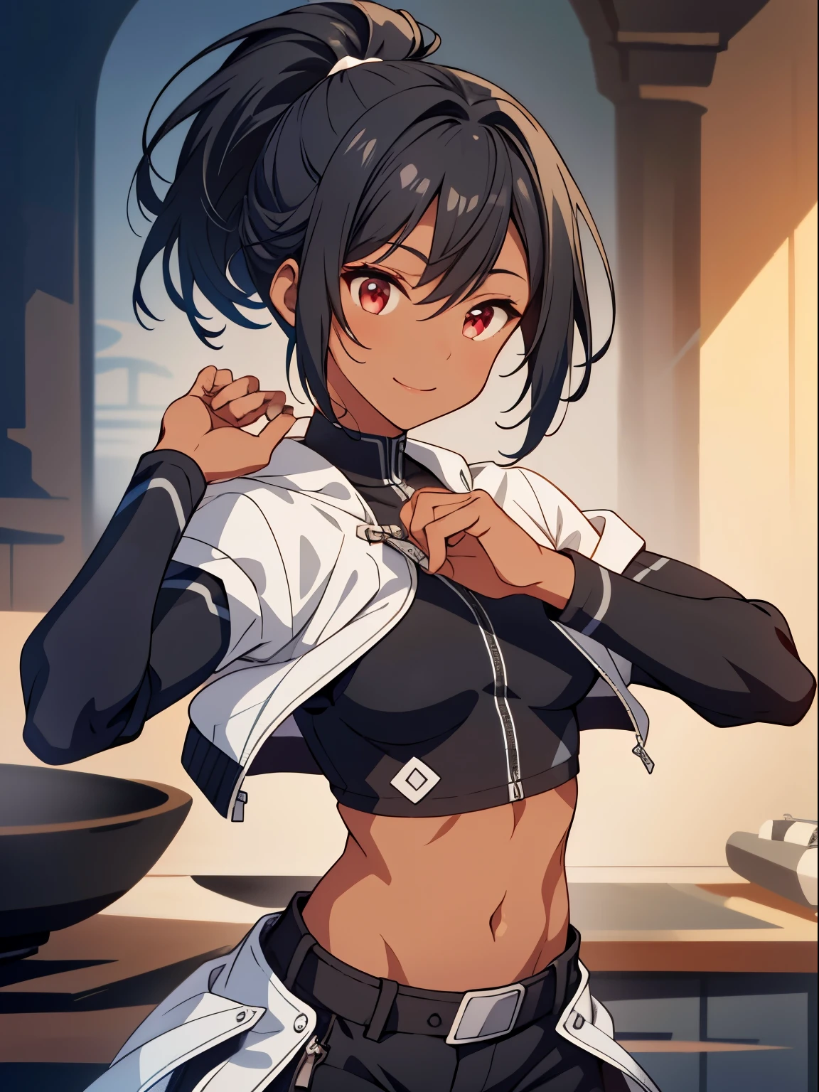 dreamy, (masterpiece), best quality, 1girl, Black short hair, amazing, beautiful detailed eyes, red eyes, fine details, depth of field, extremely detailed CG, ((Black skin)), White jacket, black crop top, black pants,small breasts, muscular girl, korra, dark skin, dark-skinned female, ponytail, hair tubes, short hair, perfect anatomy, perfect hands, 1girl, solo,(high detailed skin:1.2), beautiful (skinny:0.8), (black skin:0.2), medieval background , smiling, Stop