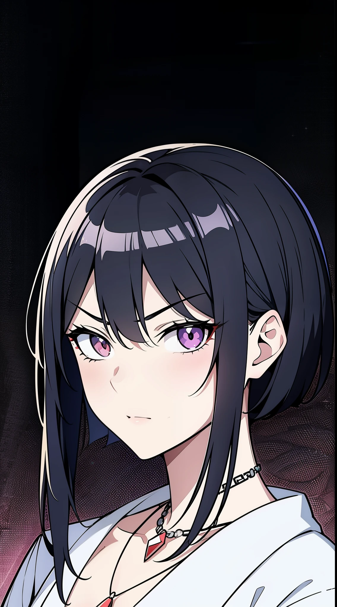 {8k image}, 1beautiful woman, 25 years old, short black hair, pointed nose and thin lips, [scar on nose], heterochromia (blue left eye and red right eye), necklace on the neck, wearing a Japanese schoolgirl outfit, looking angrily at the spectator, {face portrait}, facing the camera, looking directly at the camera, nightclub background with neon, doujinshi art style, detailed lineart