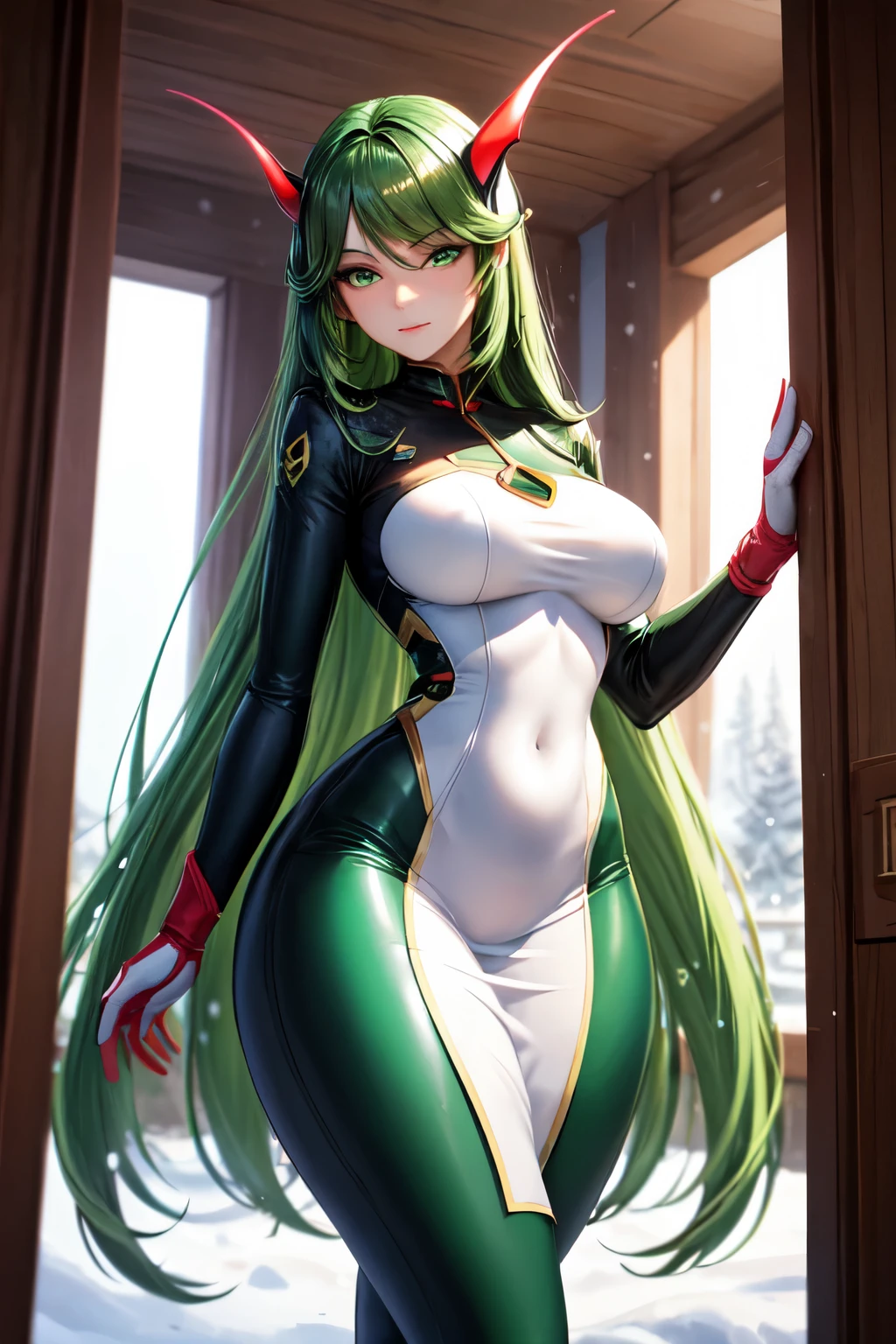 Futuristic and alluring, the 9-foot-tall curvy alien girl with snow-white skin dons a sleek black tight uniform. Her green and reddish hair cascades down, framing captivating red and green eyes. Leaning down curiously, she gazes at the viewer, a hint of amusement dancing in her expression.
