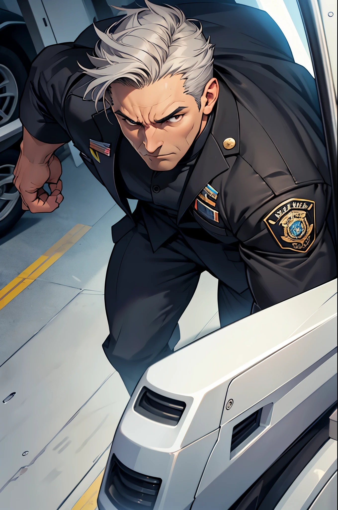 a photo of Cuvugar Trimes, looking at the camera, a human police investigator, male, middle-aged, with a robust and athletic appearance. He has short, gray hair, piercing brown eyes, and a determined look. His serious expression and striking features convey authority and confidence, he wears a dark suit and carries an aura of professionalism and respect. comic style