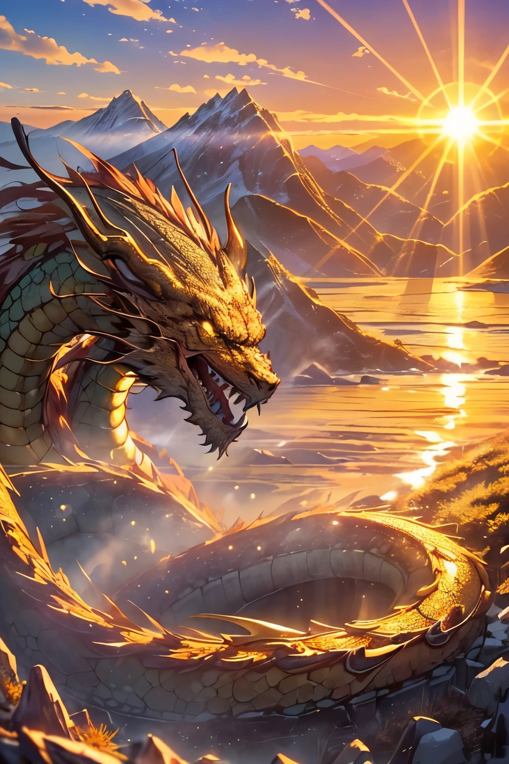 ((worst quality, low-quality)),(Golden Dragon, Golden Dragonの頭:1.3), (sunrise light, rays of the morning sun:1.4), (Beautiful magnificent mountains and dragon background:1.4), masutepiece, Best Quality, ultra-detailliert,